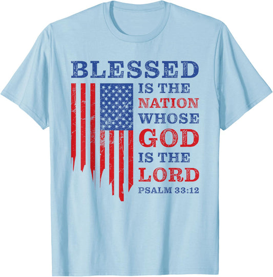 Blessed is the Nation – Christian Patriotic USA Psalm 33:12 T-Shirt - T-Shirt | Light Blue
