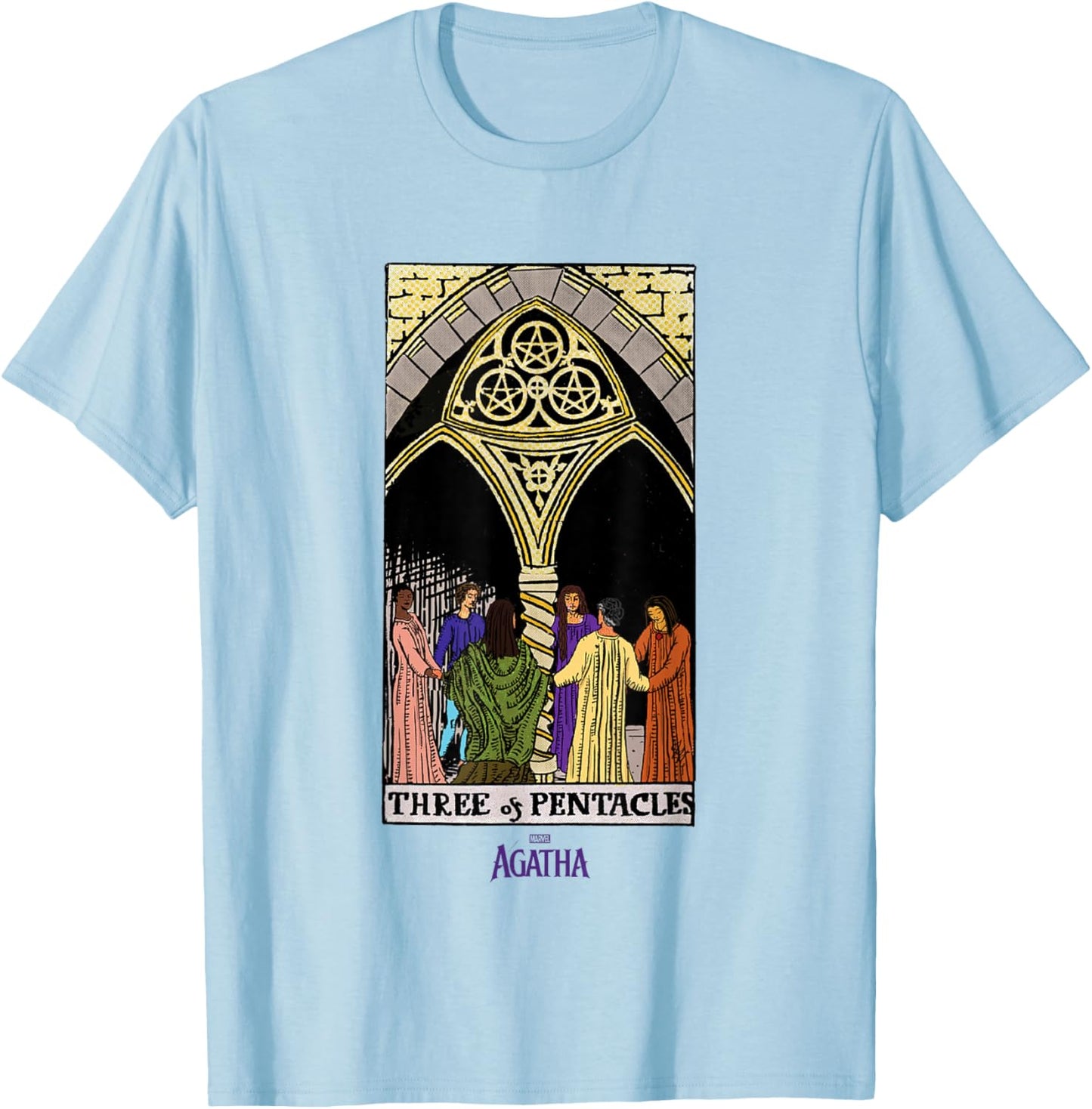 Marvel Agatha All Along Three of Pentacles Vintage Tarot T-Shirt - T-Shirt | Light Blue