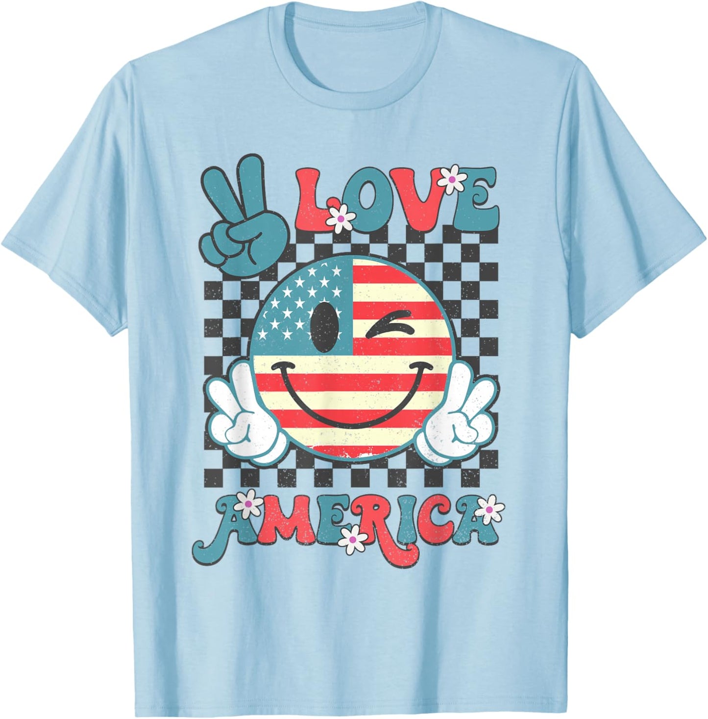 Peace Love America Smile Face US Flag Fourth 4th Of July T-Shirt - T-Shirt | Light Blue