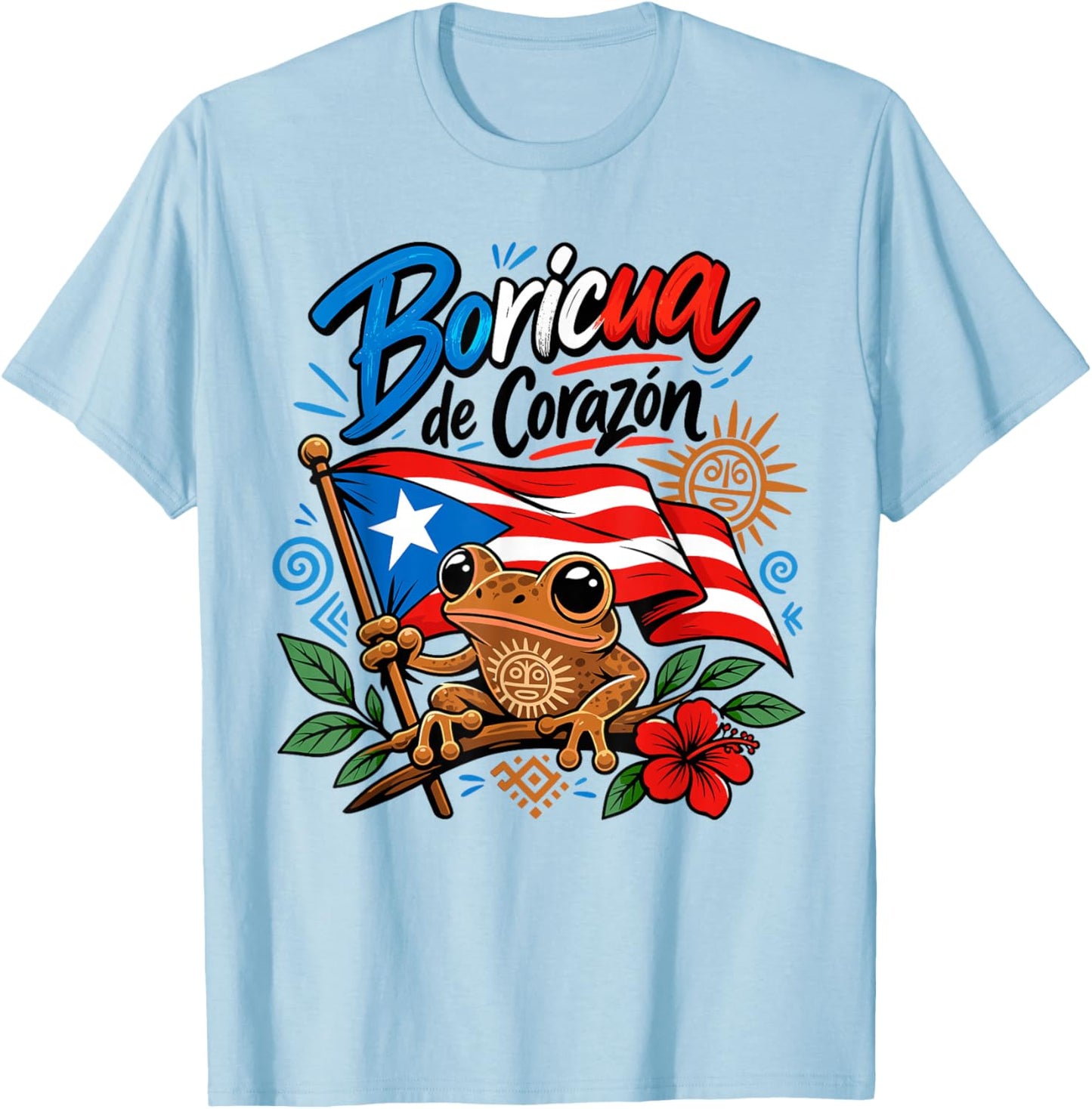 Boricua De Corazon Coqui Frog Puerto Rico Flag Pride T-Shirt - T-Shirt | Light Blue