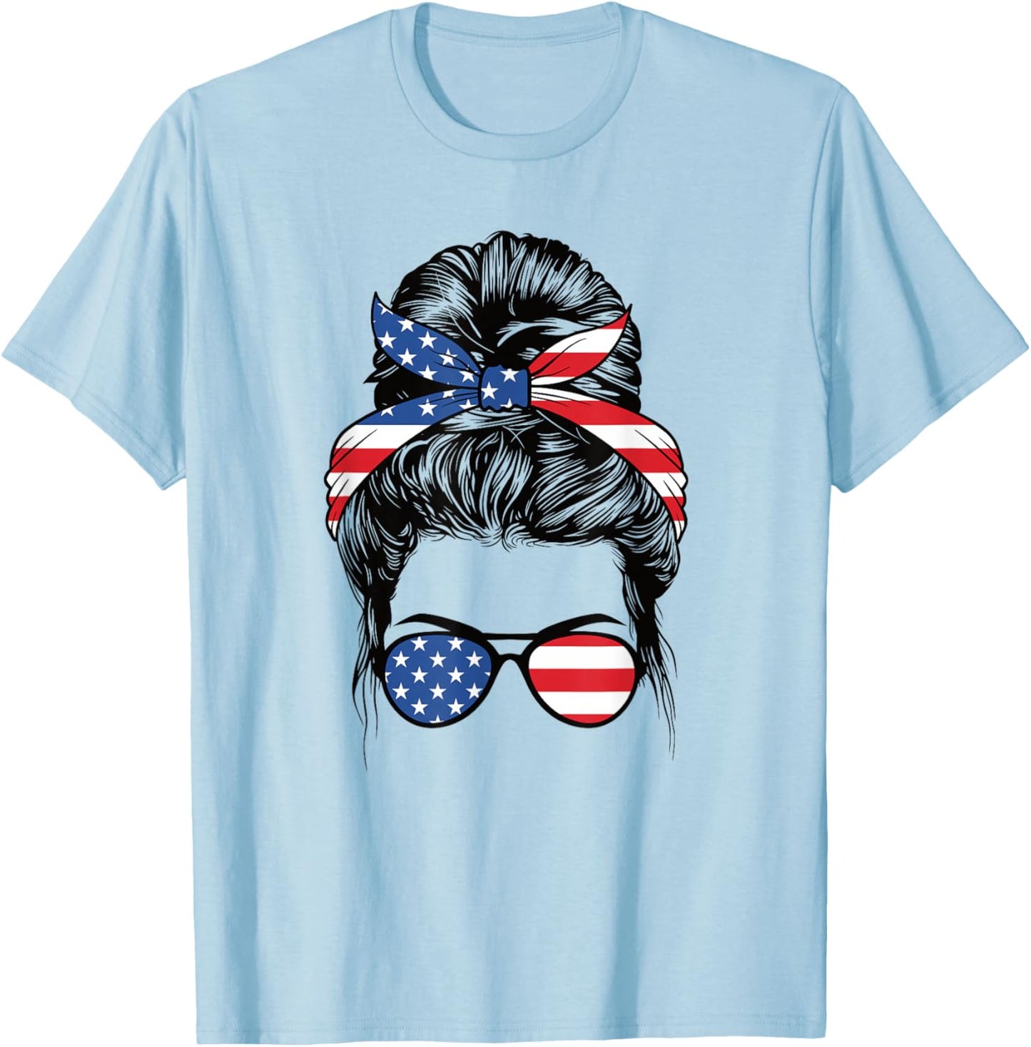 Cute 4th Of July Messy Bun Woman American Flag Patriotic USA T-Shirt - T-Shirt | Light Blue