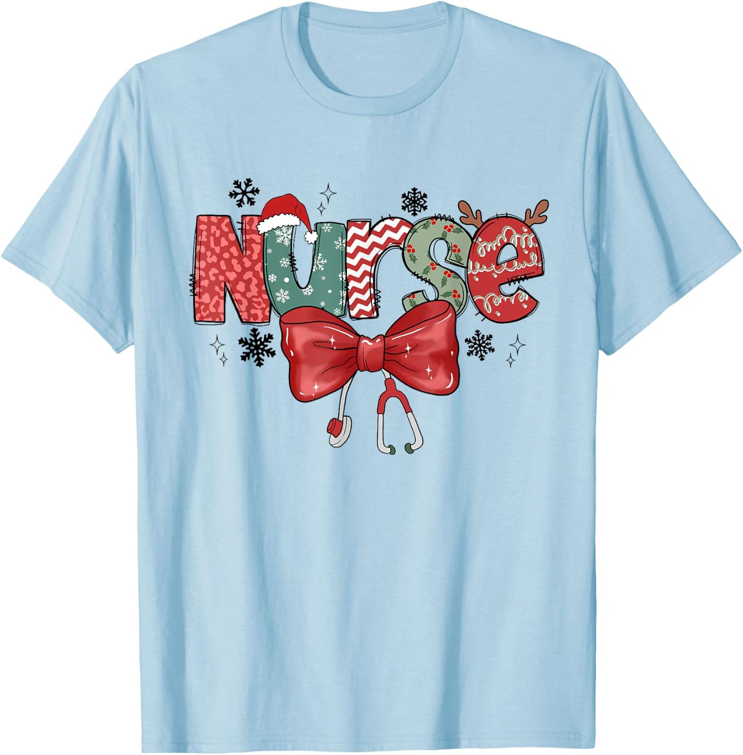 Christmas Nurse Coquette Bow Stethoscope Nursing Xmas Pjs T-Shirt - T-Shirt | Light Blue