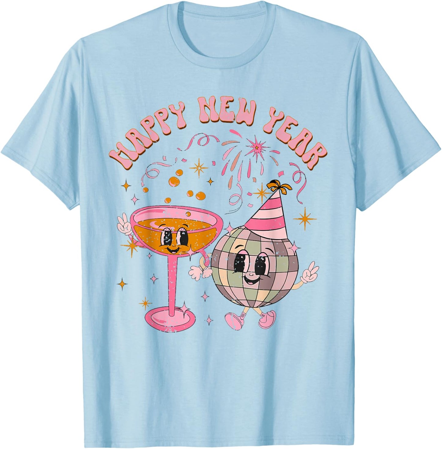 Happy New Year 2025 Disco Ball Wine Glass Cheers Drink Party T-Shirt - T-Shirt | Light Blue
