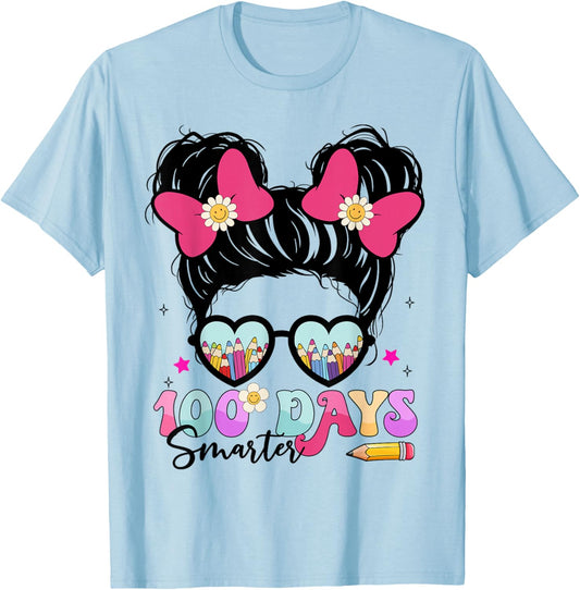 Messy Bun Hair 100th Day of School 100 Days Smarter Kids T-Shirt - T-Shirt | Light Blue