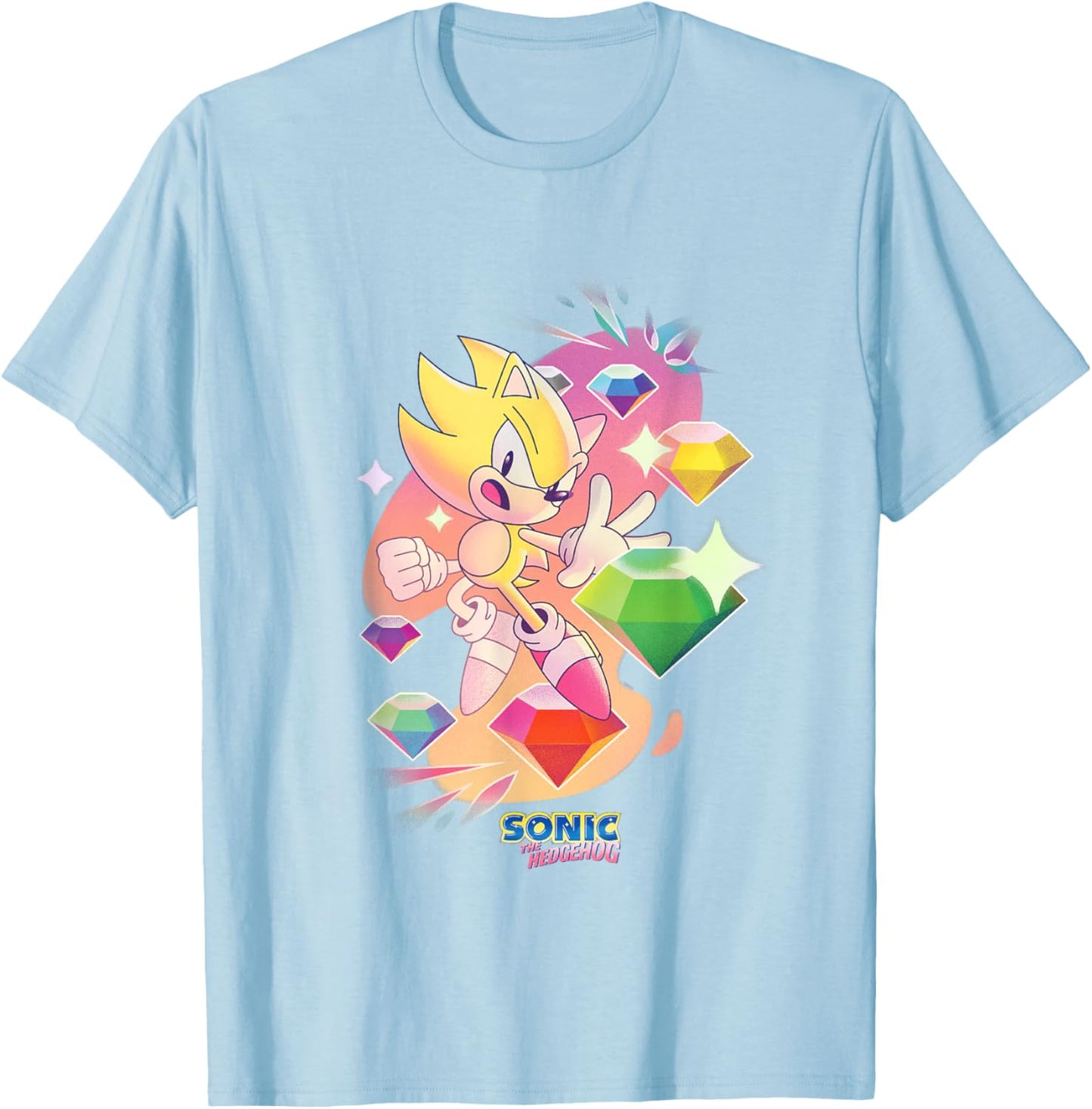 Sonic The Hedgehog Super Sonic Chaos Emeralds Vintage T-Shirt - T-Shirt | Light Blue
