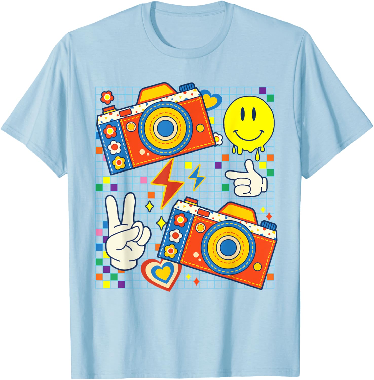 Kidcore Aesthetic Camera Fabric Patches Decora Kei T-Shirt - T-Shirt | Light Blue