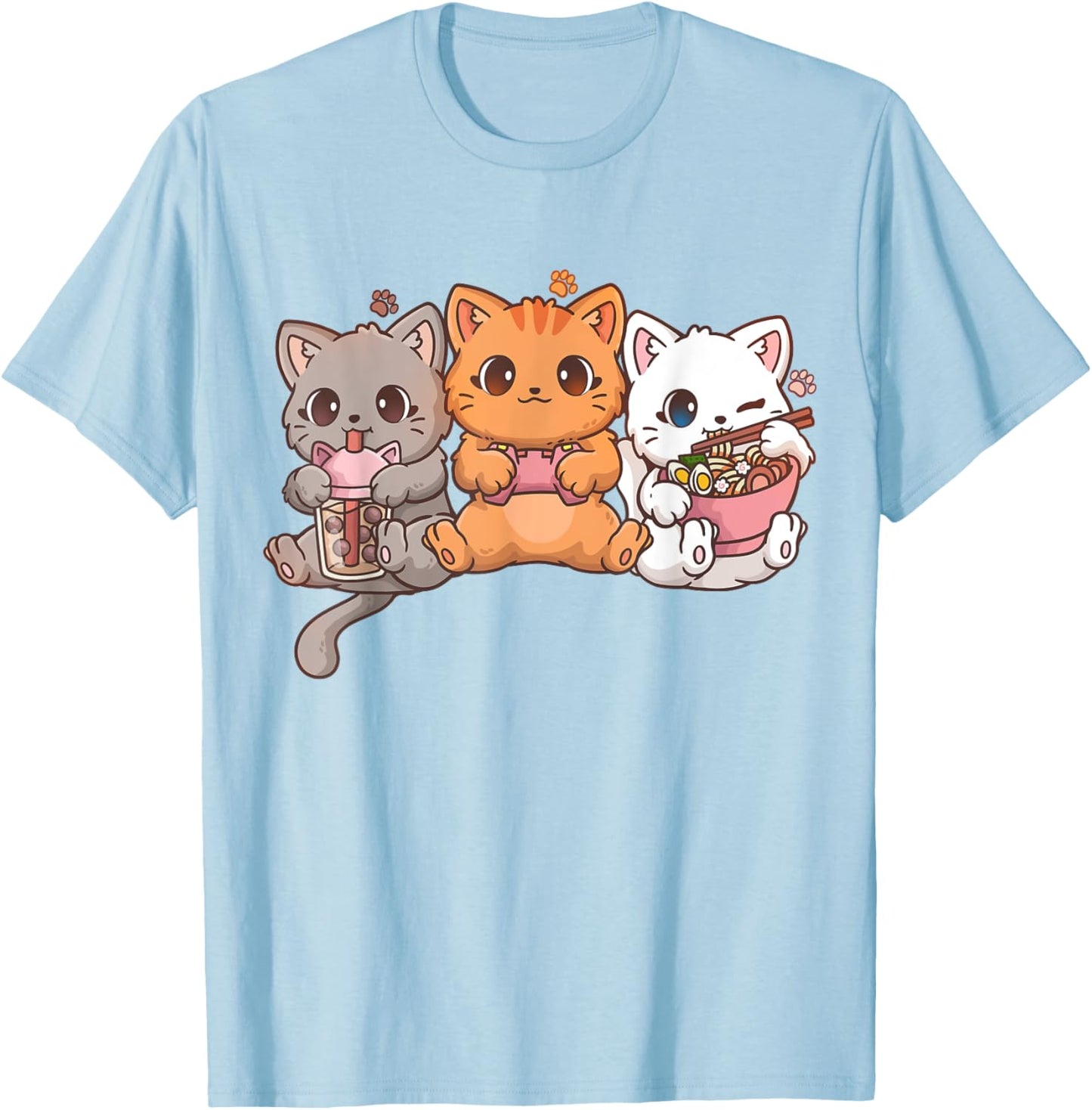Kawaii Gaming Gamer Cat Boba Tea Cat Bubble Tea Ramen Cats T-Shirt - T-Shirt | Light Blue