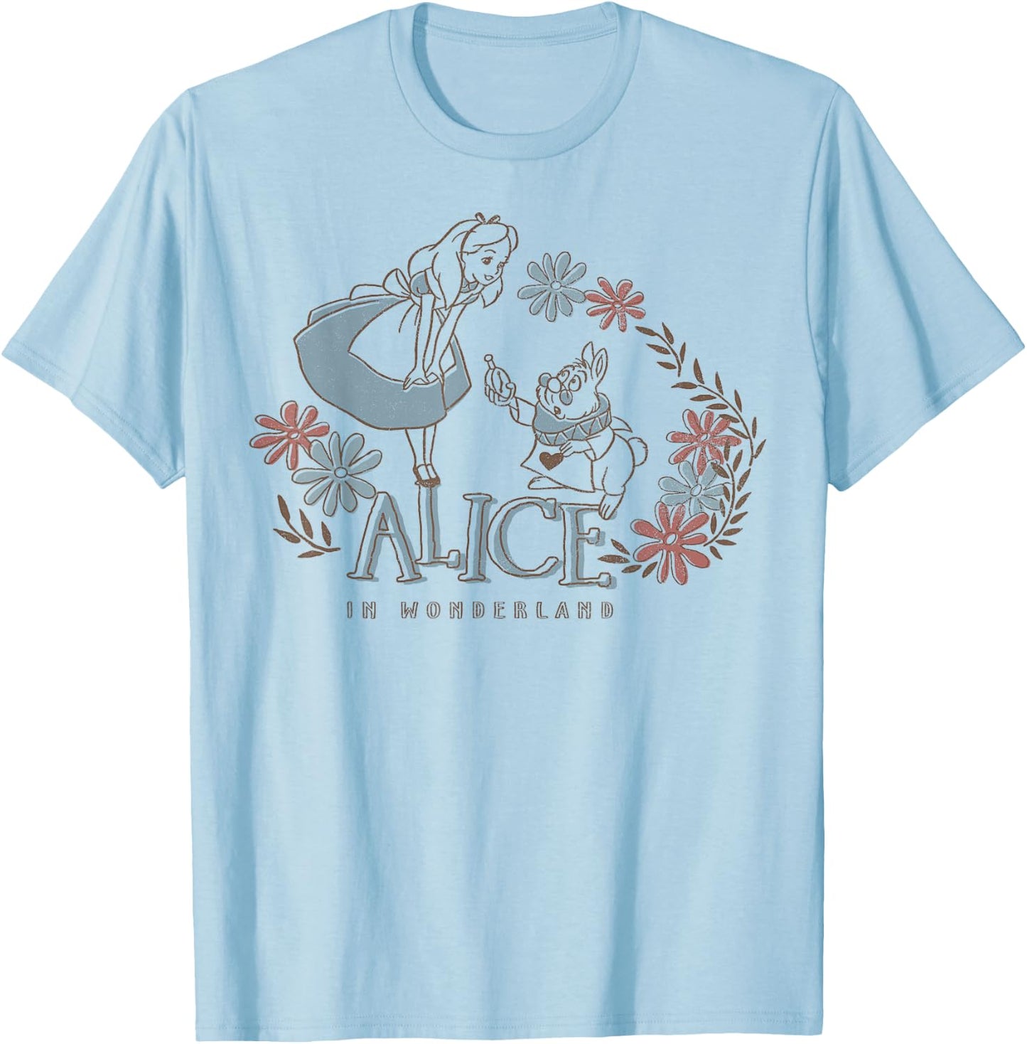Disney Alice In Wonderland Alice And White Rabbit Floral T-Shirt - T-Shirt | Light Blue