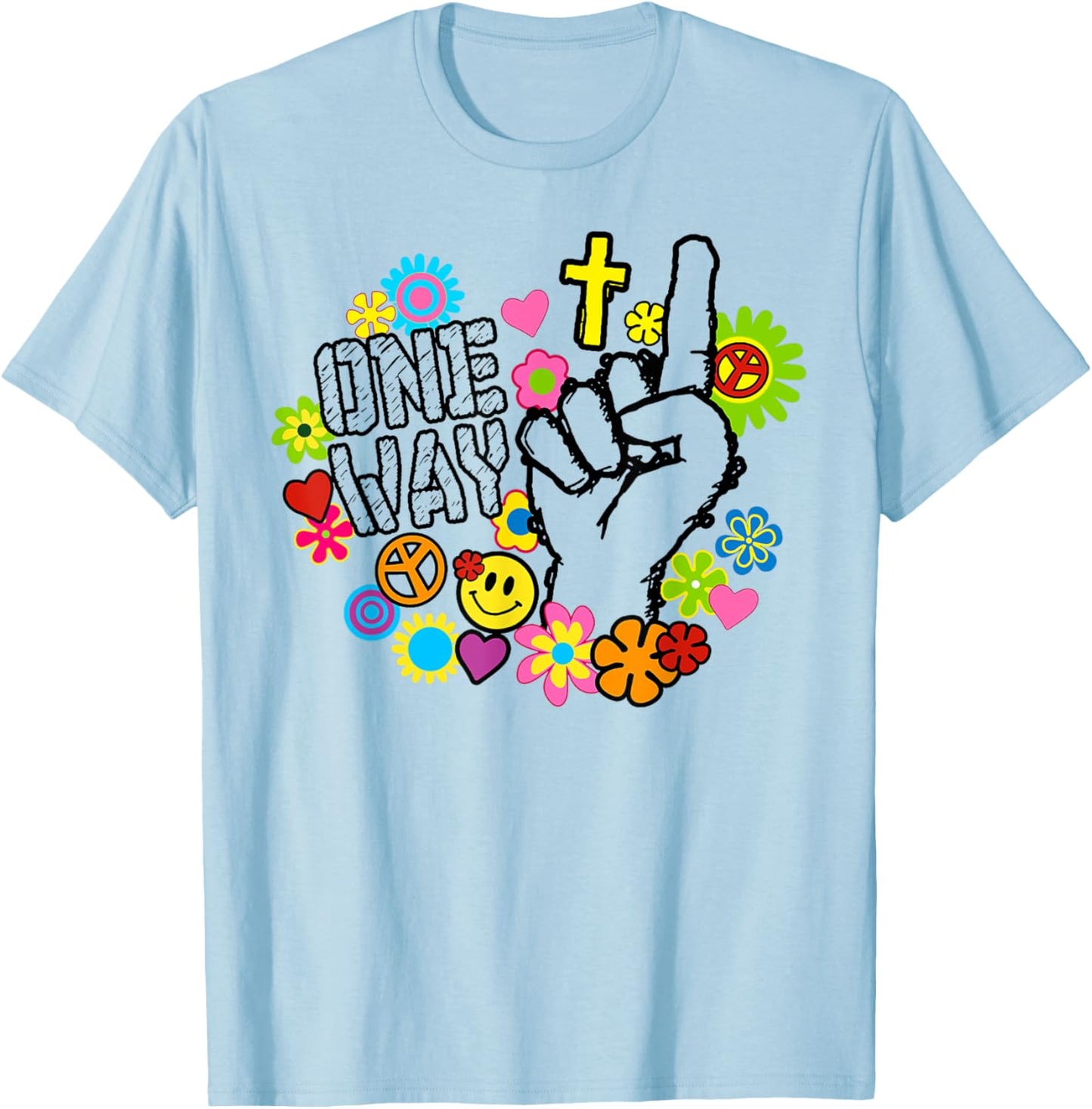 Funny One Way Jesus Floral Finger Up Christian Revolution T-Shirt - T-Shirt | Light Blue