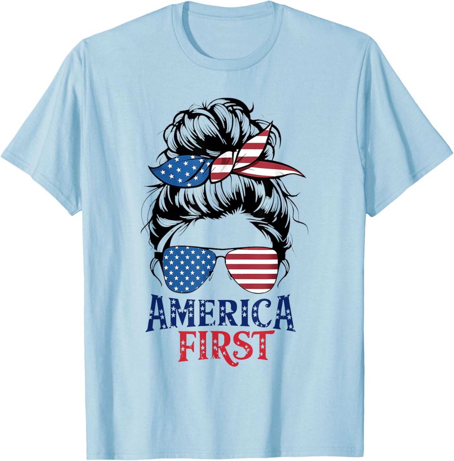 Messy Bunny Hair Girl America First Patriotic American USA T-Shirt - T-Shirt | Light Blue