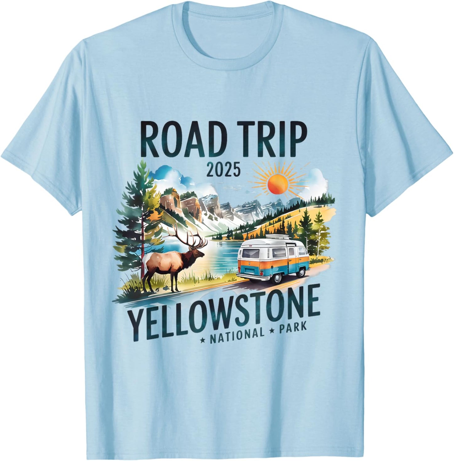 Yellowstone Road Trip 2025 Nature Adventure Souvenir Design T-Shirt - T-Shirt | Light Blue