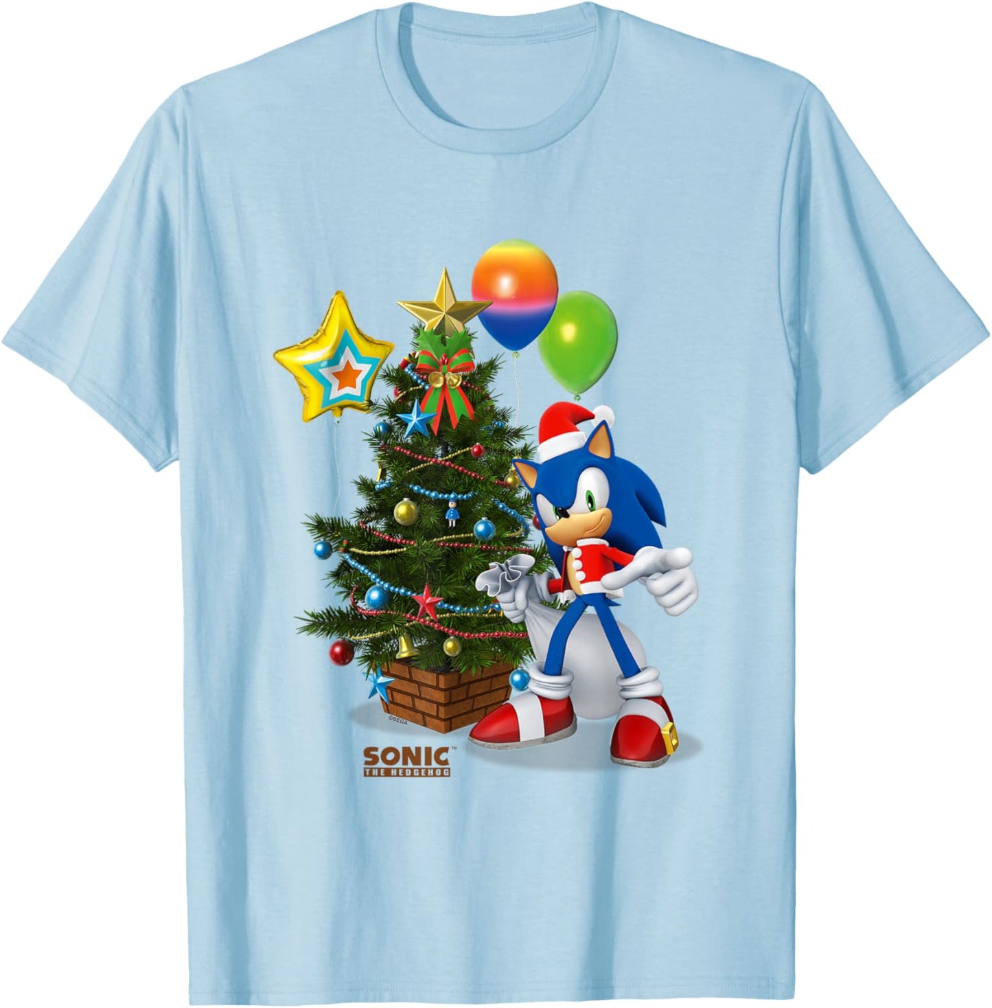 Sonic The Hedgehog Christmas Beautiful Decorated Tree Logo T-Shirt - T-Shirt | Light Blue