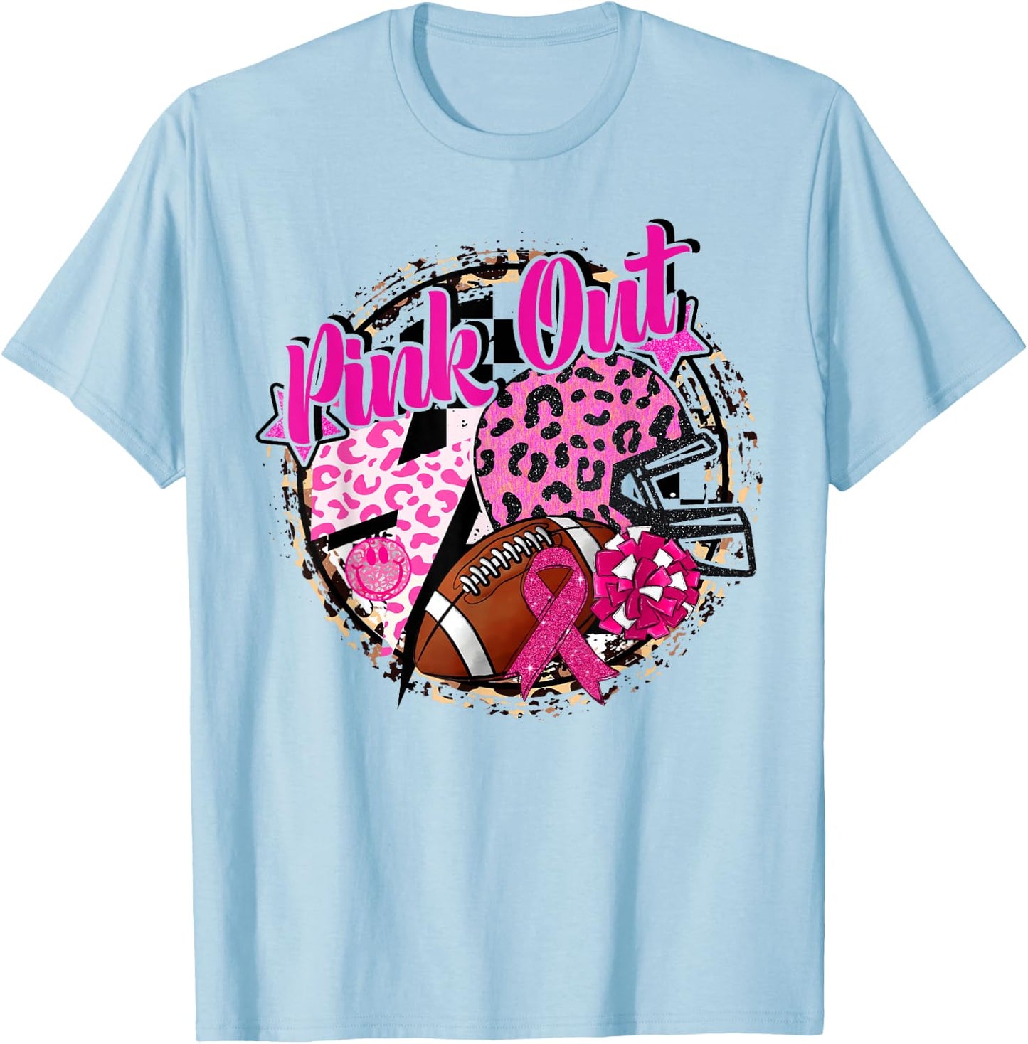 Pink Out Cheer Football Pink Ribbon Breast Cancer Awareness T-Shirt - T-Shirt | Light Blue