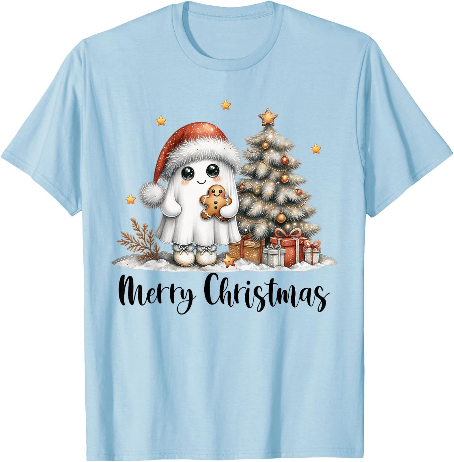 Merry Christmas Ghost With Santa Hat Xmas Tree Lights Men T-Shirt - T-Shirt | Light Blue