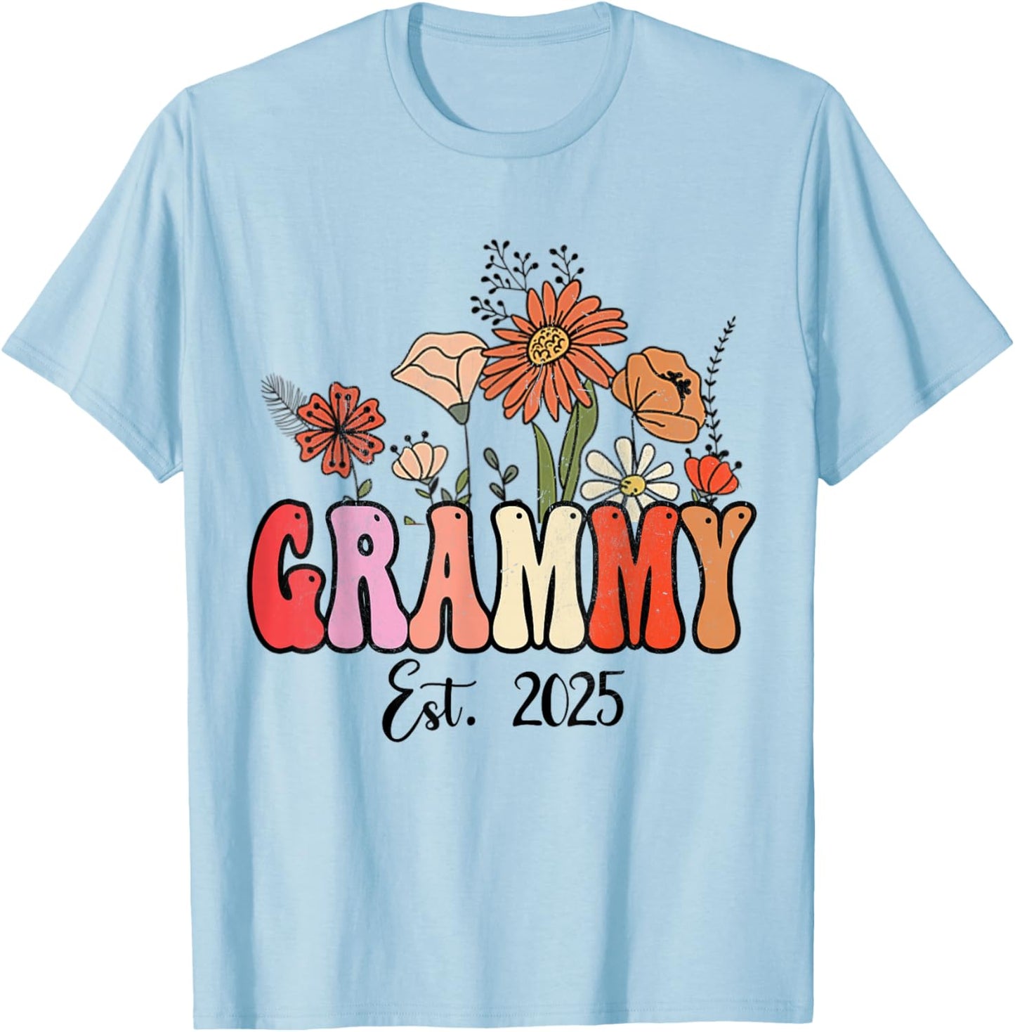 Flowers Groovy Retro Grammy Est 2025 Grammy To Be Gifts T-Shirt - T-Shirt | Light Blue