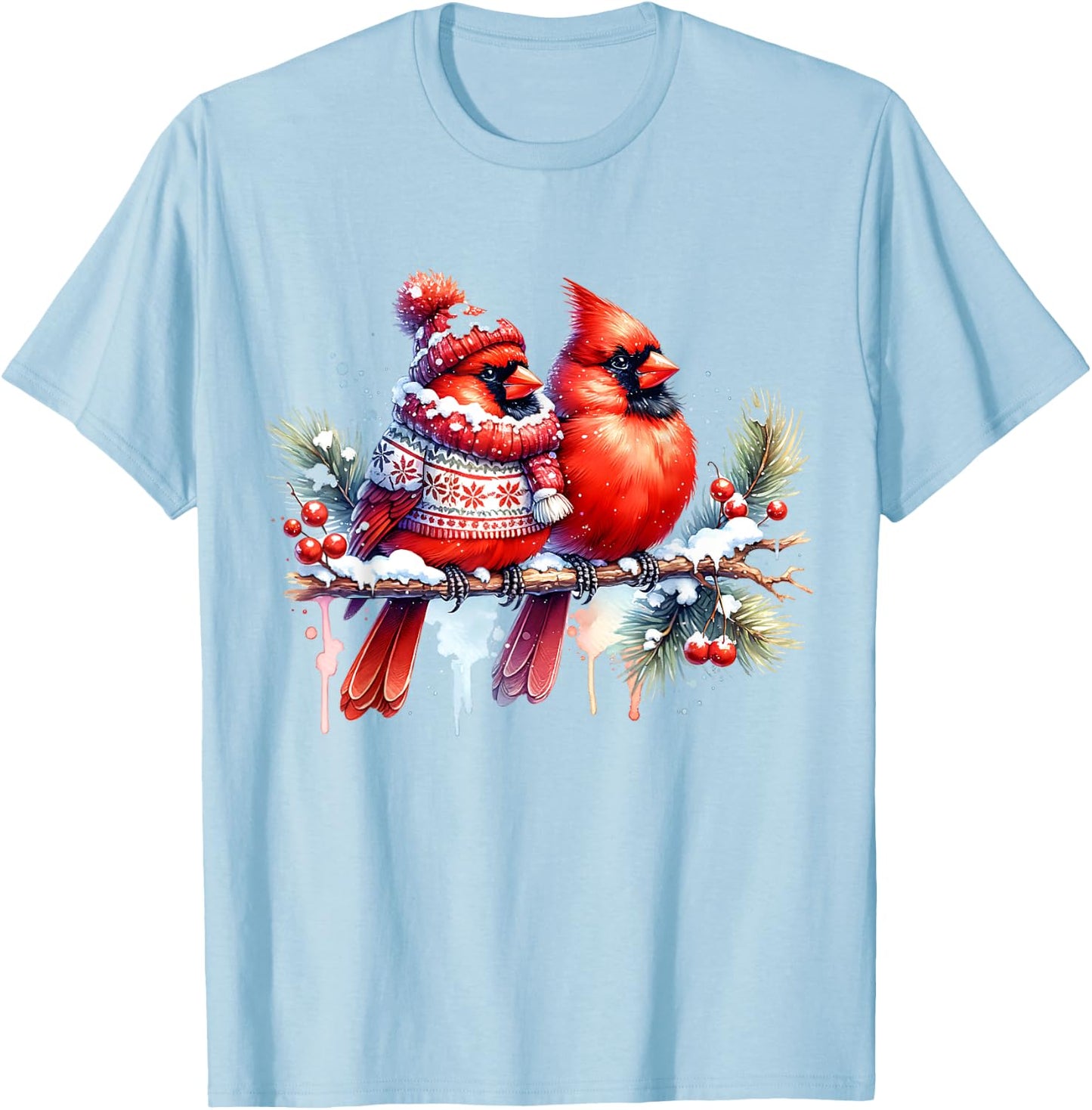 Red Christmas Cardinal Pair Snow Cute Bird Winter lovers T-Shirt - T-Shirt | Light Blue