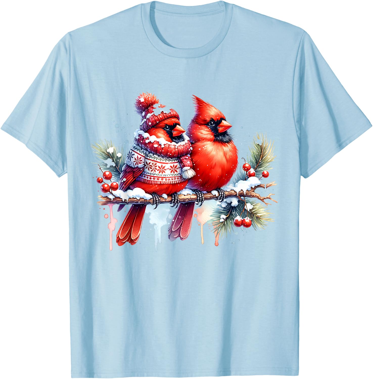 Red Christmas Cardinal Pair Snow Cute Bird Winter lovers T-Shirt - T-Shirt | Light Blue