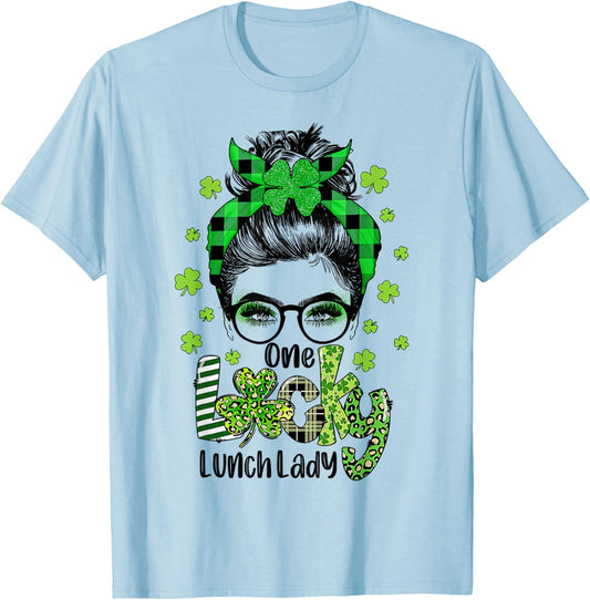 One Lucky Lunch Lady Shamrock Messy Bun Funny St Patrick Day T-Shirt - T-Shirt | Light Blue