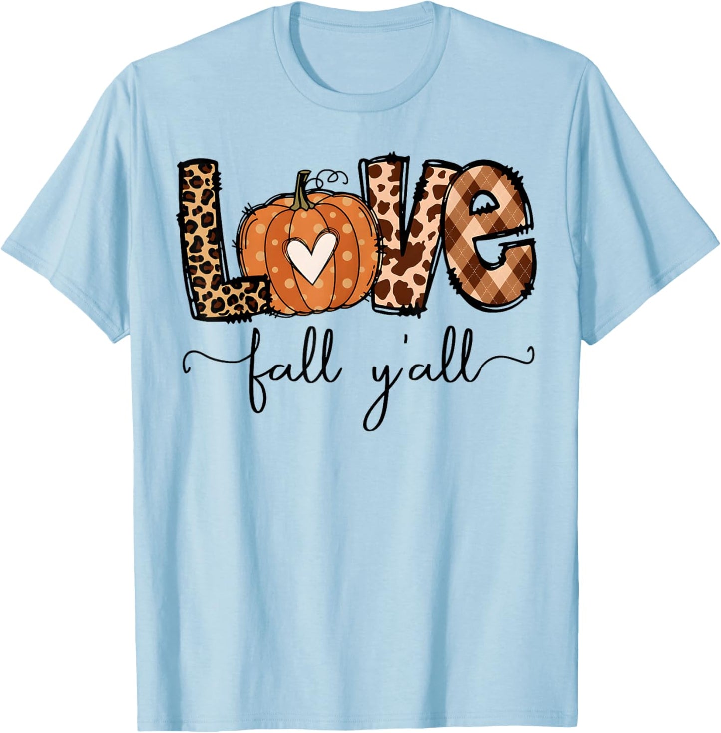 Hello Fall Pumpkin Love Fall Y'All Leopard Peace Love Fall T-Shirt - T-Shirt | Light Blue