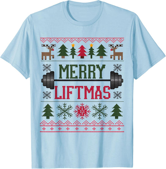Merry Liftmas Weightlifter Fitness T-Shirt - T-Shirt | Light Blue