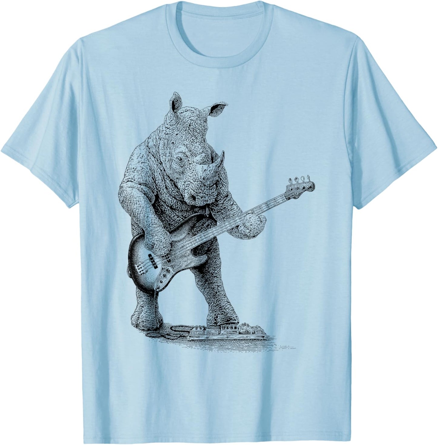 Vintage Rhinoceros Playing Bass Rhino Bass Guitar Funny T-Shirt - T-Shirt | Light Blue