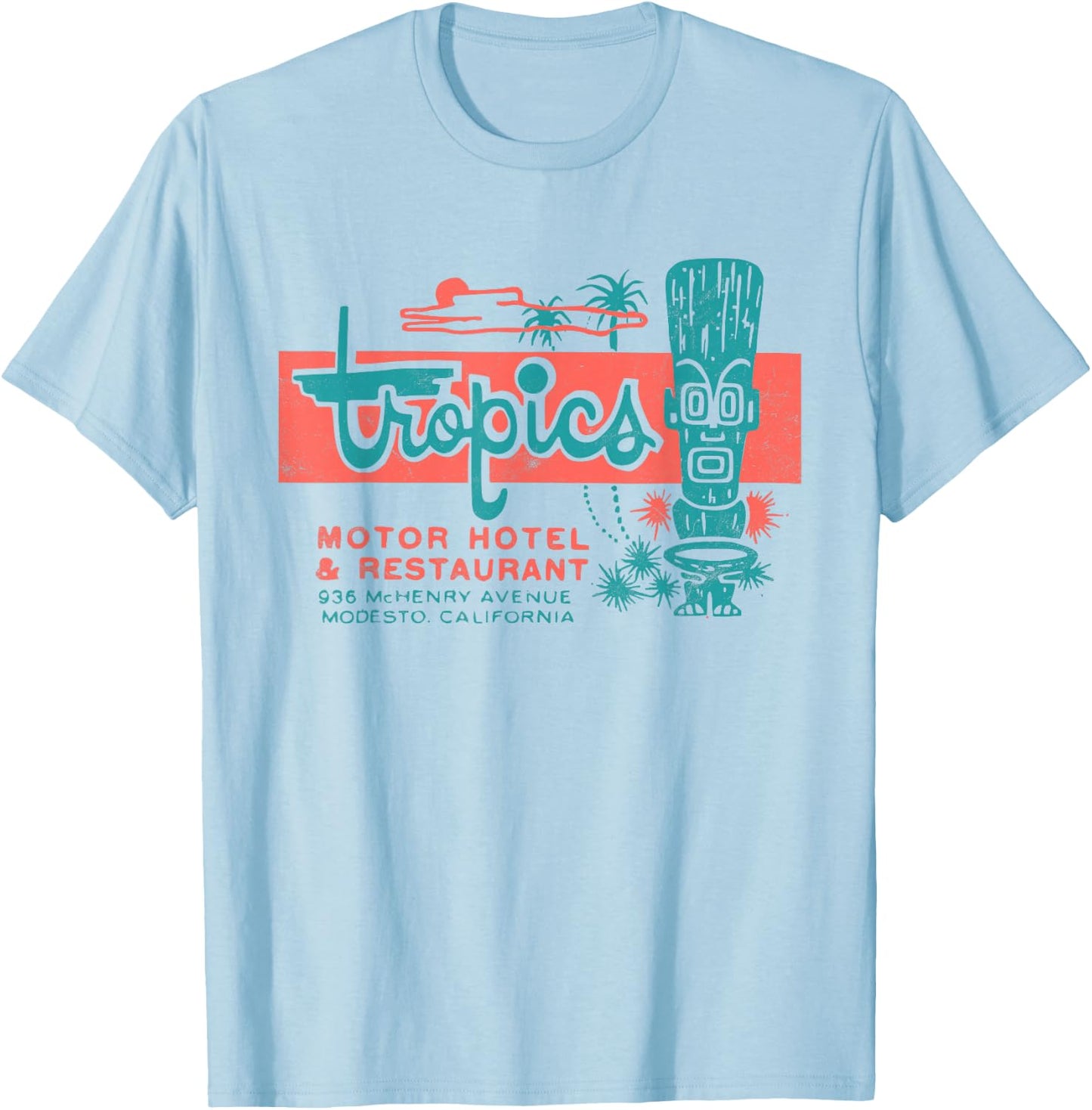Tropics Motor Hotel/Hawaiian Style/Tiki Bar / 50s Style T-Shirt - T-Shirt | Light Blue