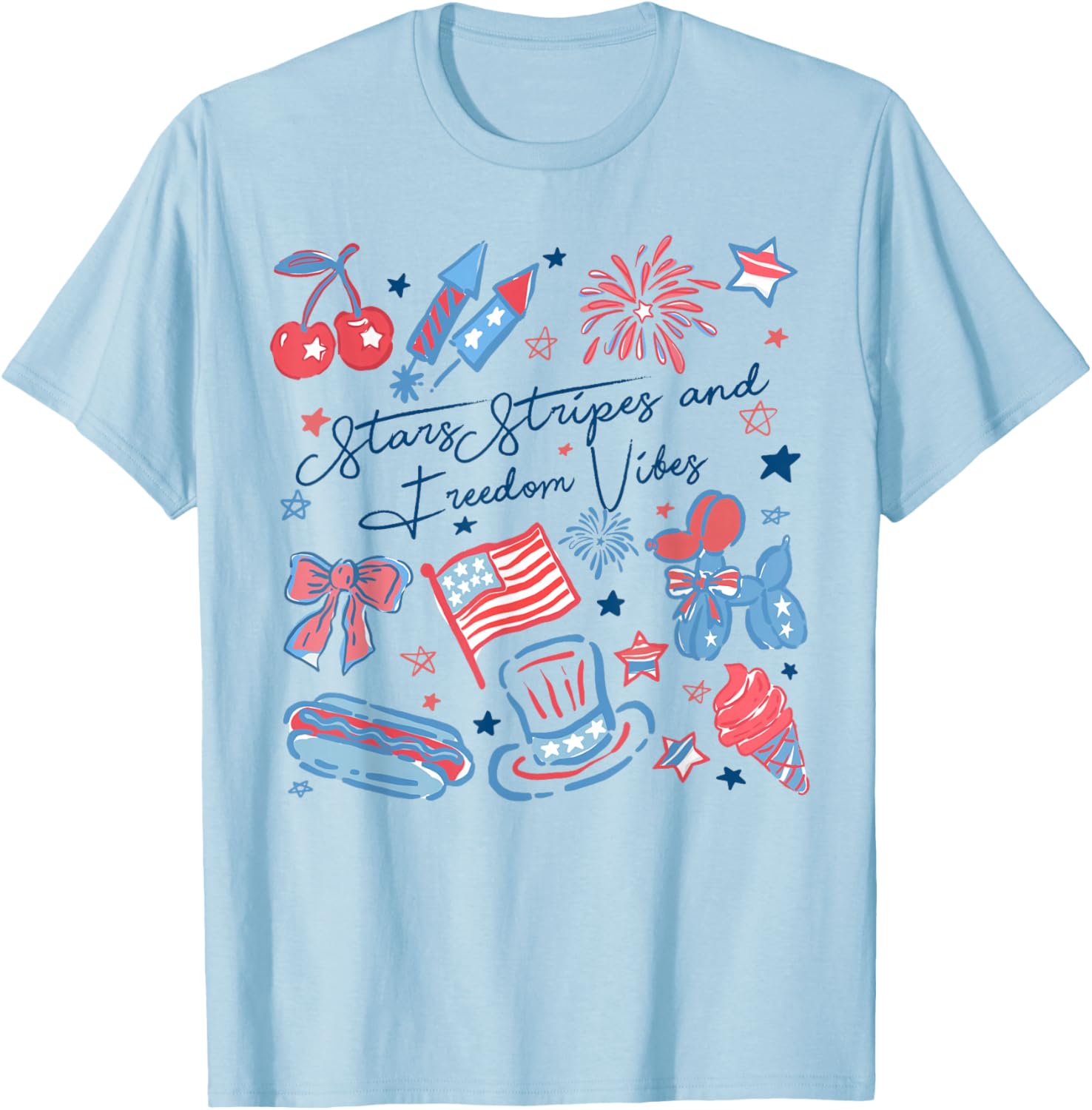 Stars Stripes And Freedom Vibes 4th of July American Flag T-Shirt - T-Shirt | Light Blue