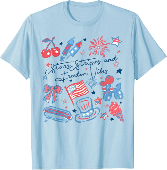 Stars Stripes And Freedom Vibes 4th of July American Flag T-Shirt - T-Shirt | Light Blue