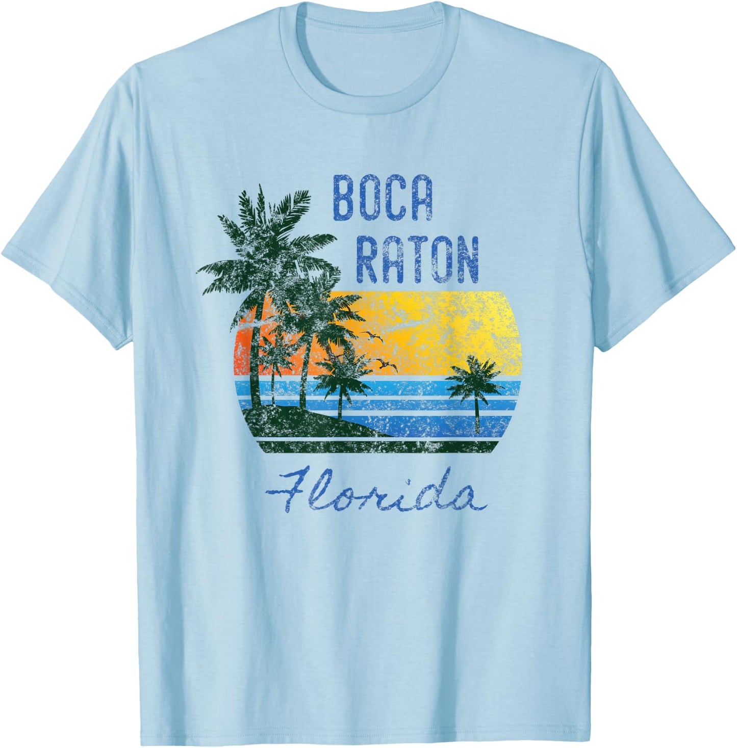Retro Cool Boca Raton FL Distressed Palm Tree Sunset Novelty T-Shirt - T-Shirt | Light Blue