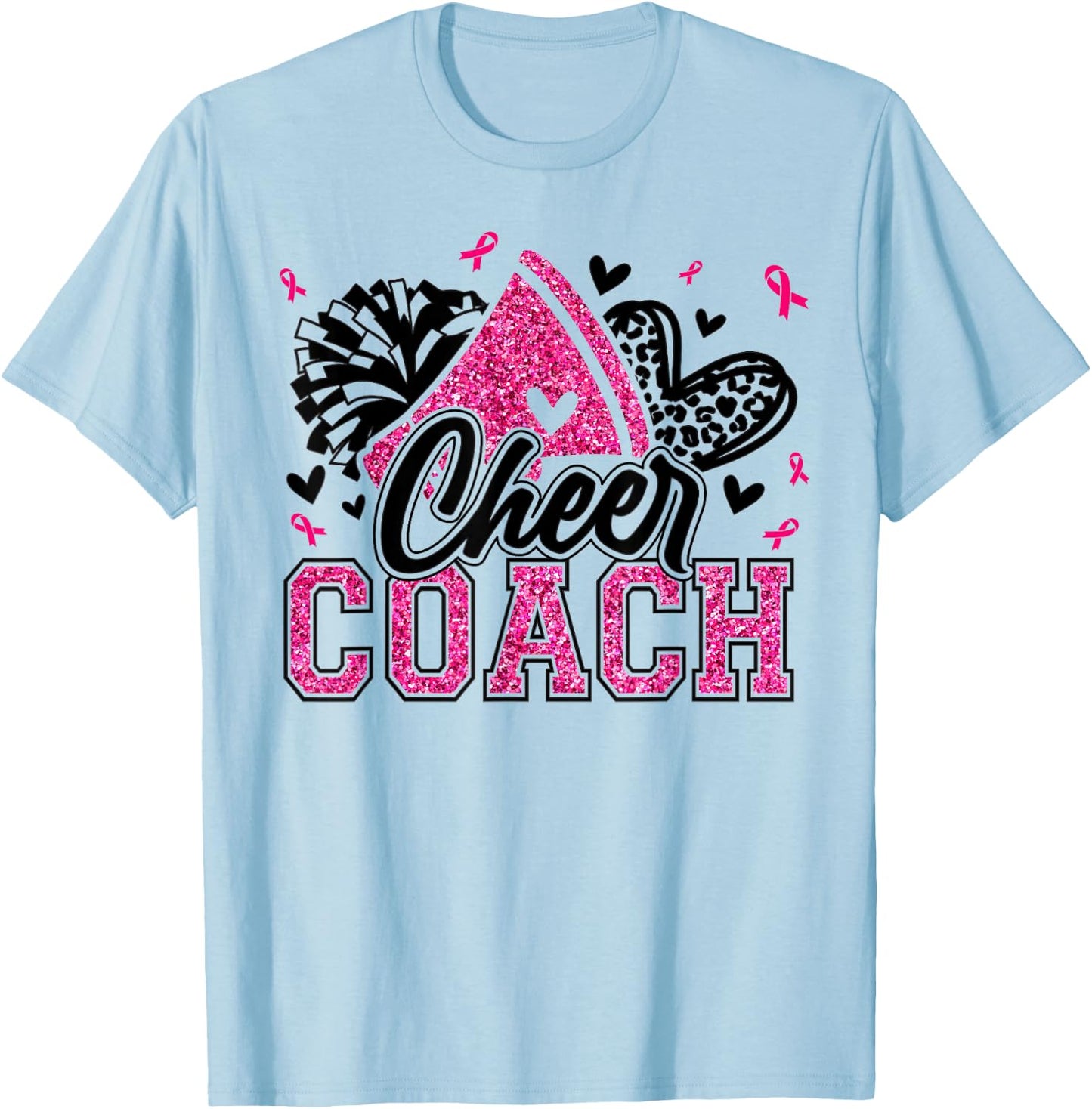 Football Cheer Coach Pink Ribbon Breast Cancer Awareness T-Shirt - T-Shirt | Light Blue