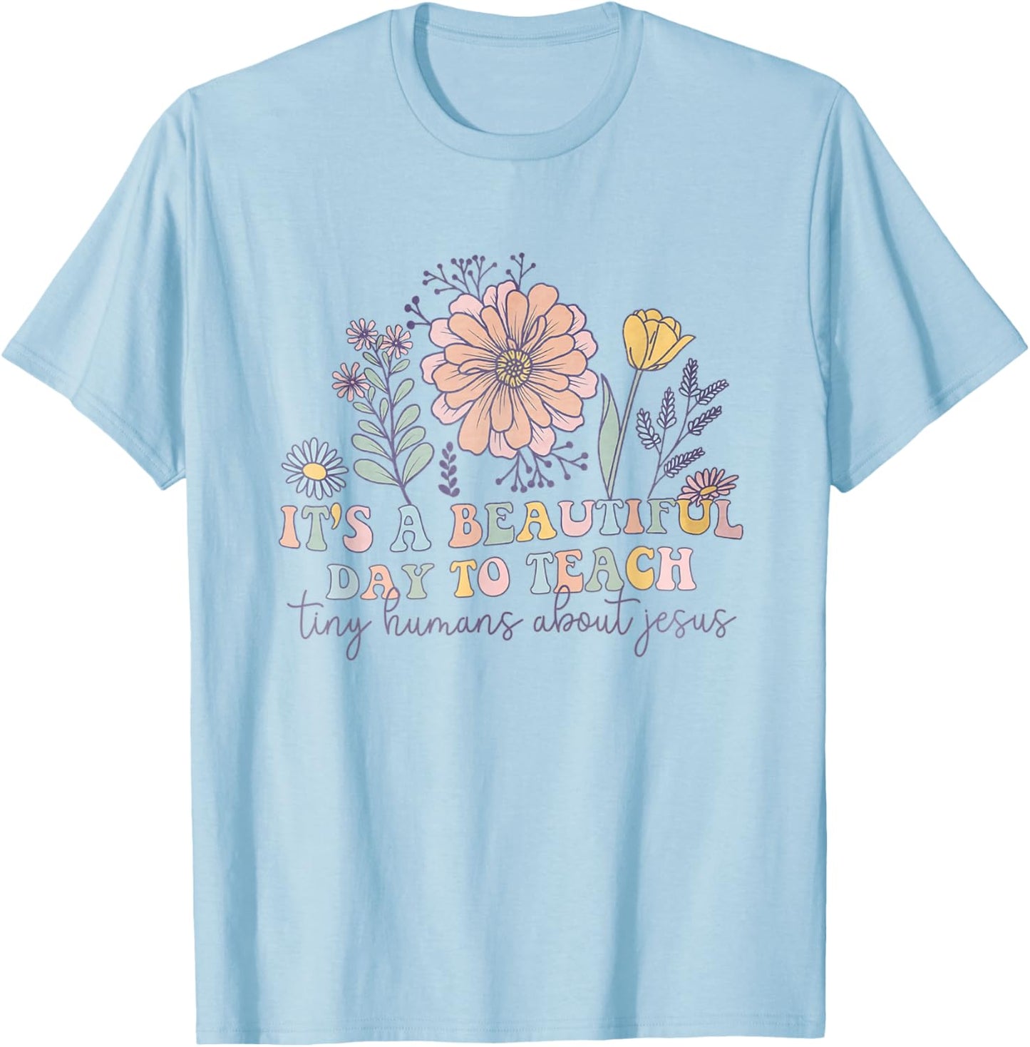 Retro I Teach Tiny Humans About Jesus Christian Teacher T-Shirt - T-Shirt | Light Blue