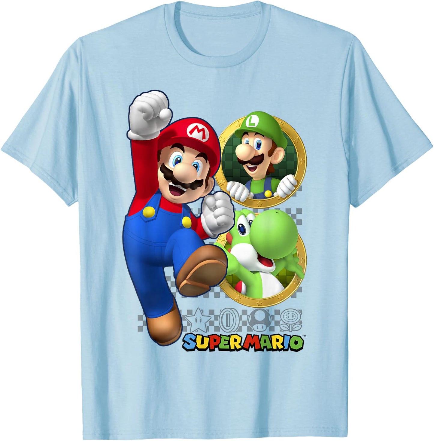 Super Mario Luigi Yoshi & Mario Portraits T-Shirt - T-Shirt | Light Blue