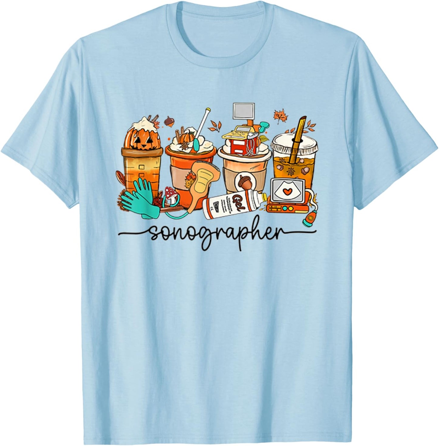 Autumn Sonographer Latte Ultrasound Pumpkin Vascular Tech T-Shirt - T-Shirt | Light Blue