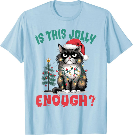 Funny Cat Christmas Tree Is This Jolly Enough Xmas Cat Lover Men Women Kids T-Shirt - T-Shirt | Light Blue
