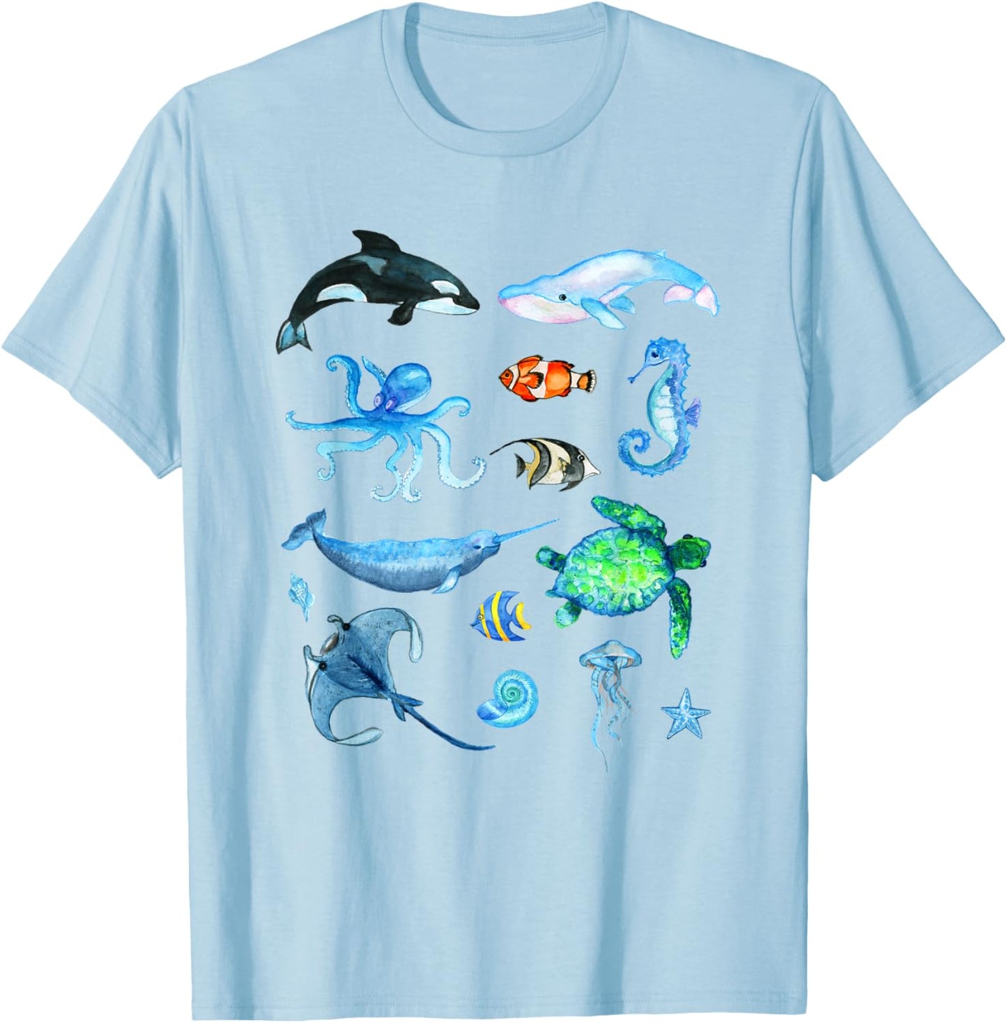 Watercolor Sea Animals Kids Ocean Wildlife T-Shirt - T-Shirt | Light Blue