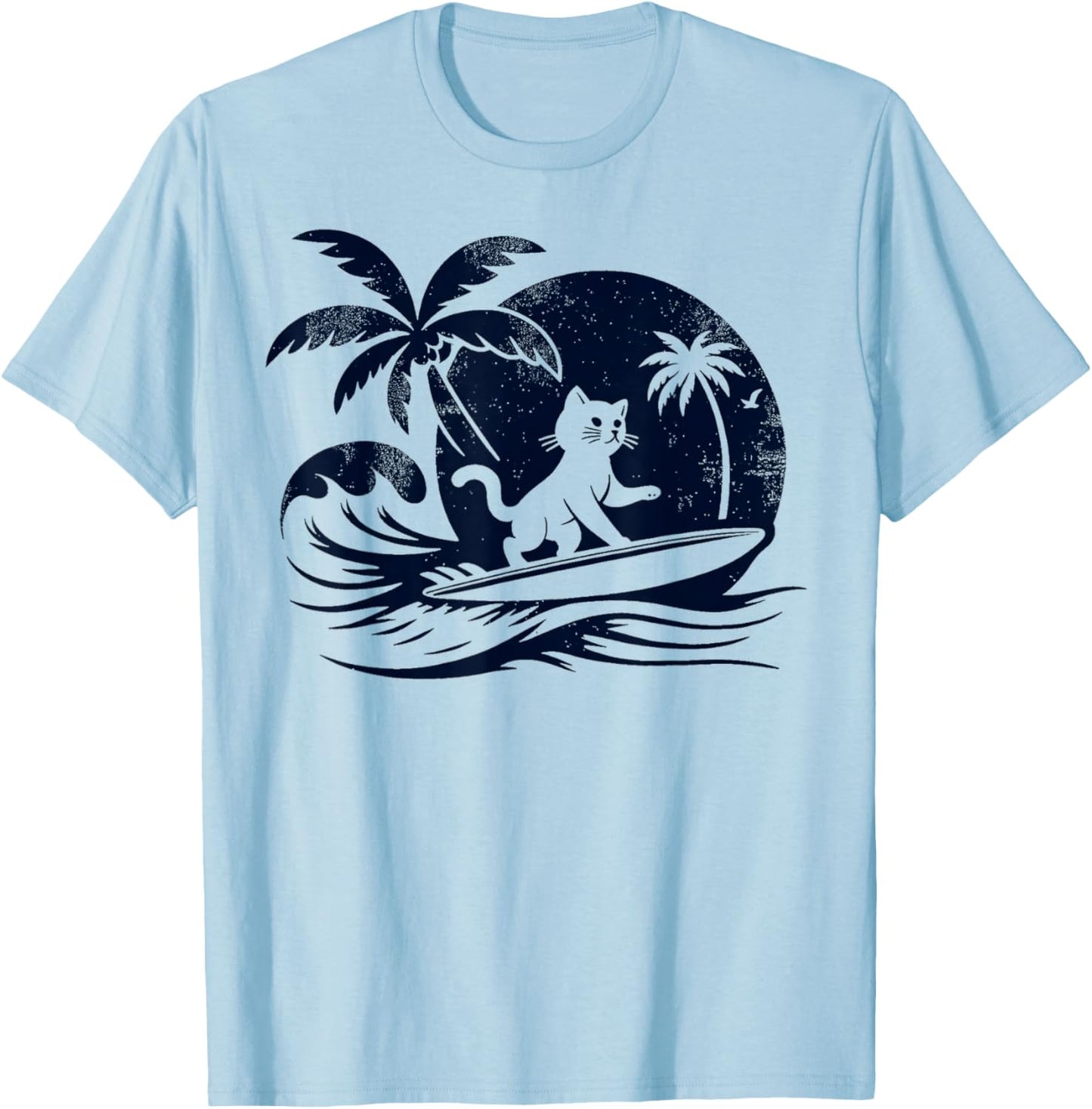 Cat Surfing Wave at Tropical Ocean Vintage Surf T-Shirt - T-Shirt | Light Blue