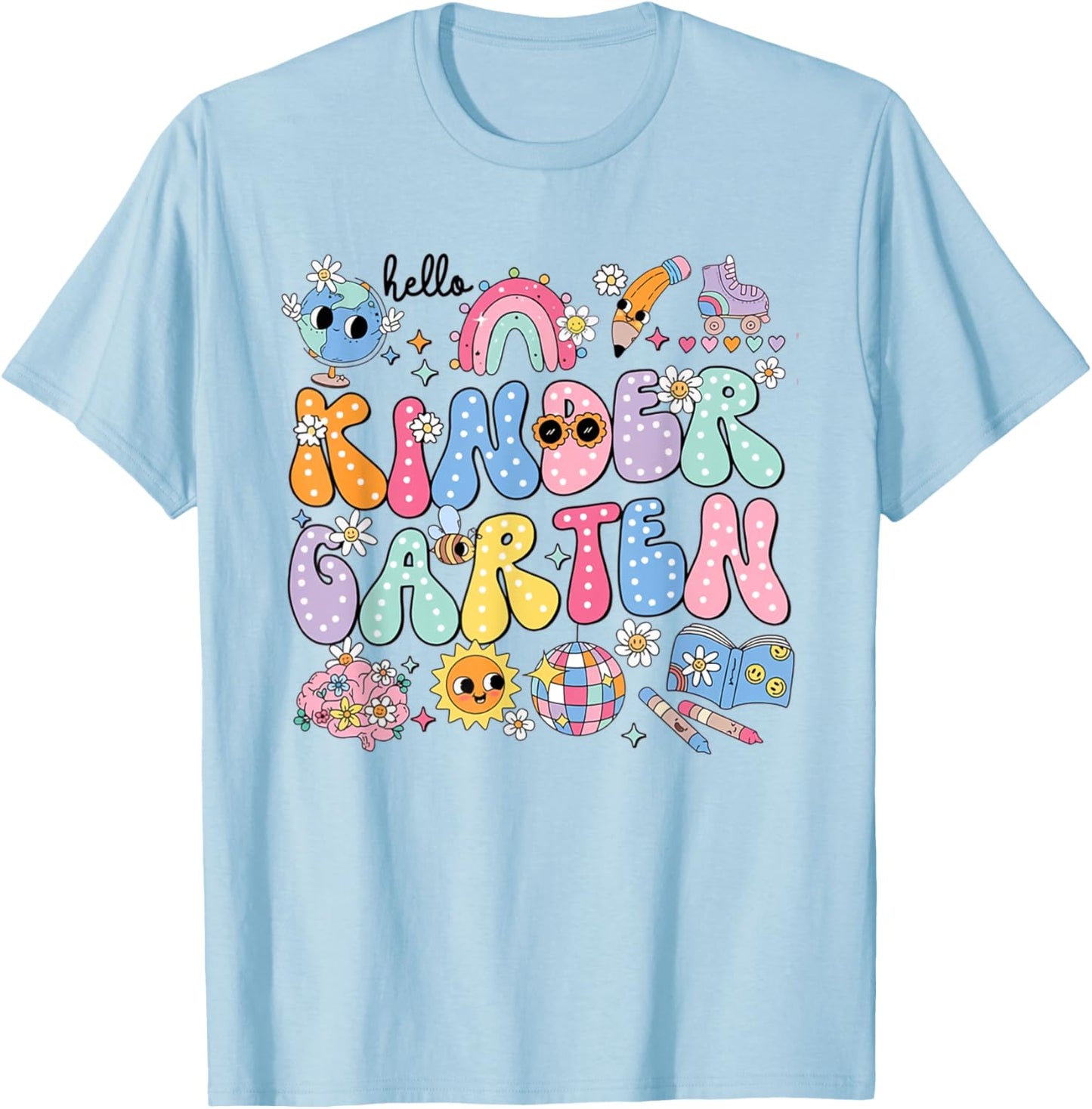 Retro Hello Kindergarten Disco Ball Teacher Rainbow Kids T-Shirt - T-Shirt | Light Blue
