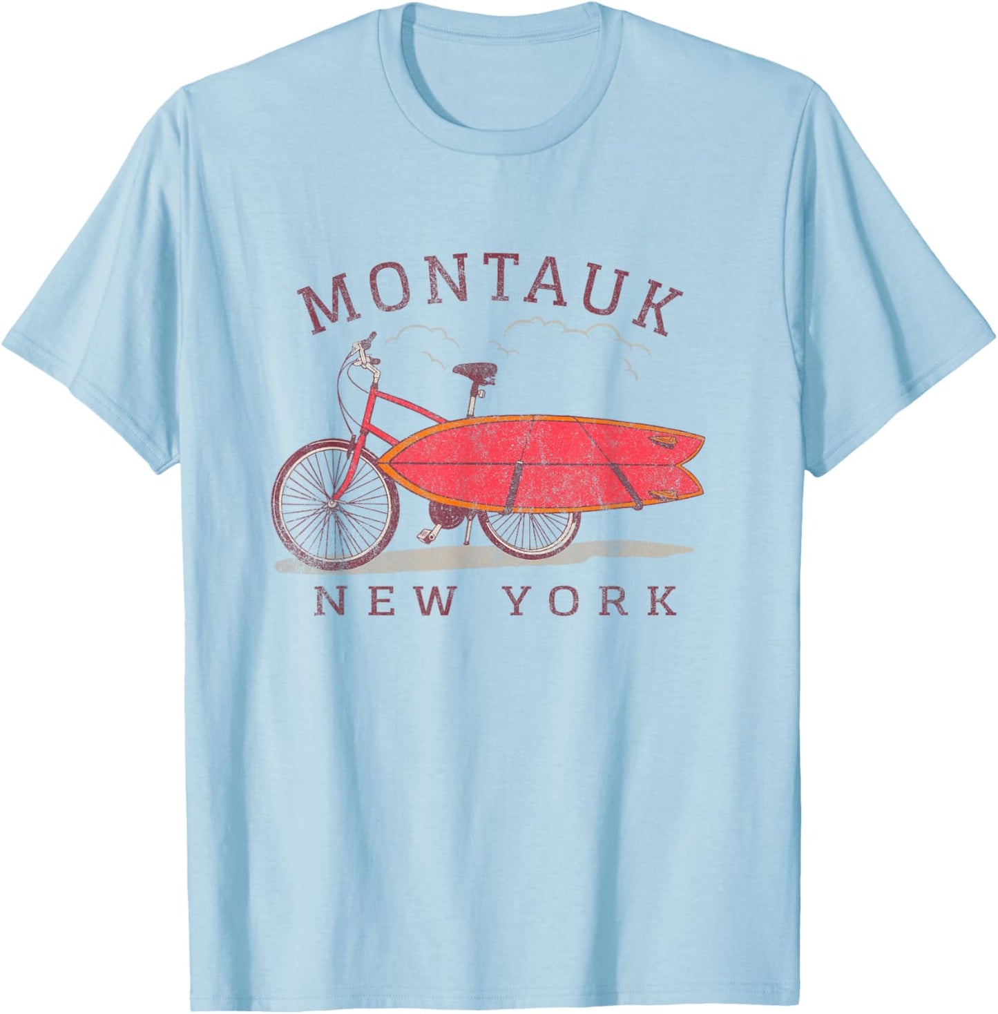 Retro Montauk New York NY Surfing Fan Surfboard Bicycle Art T-Shirt - T-Shirt | Light Blue