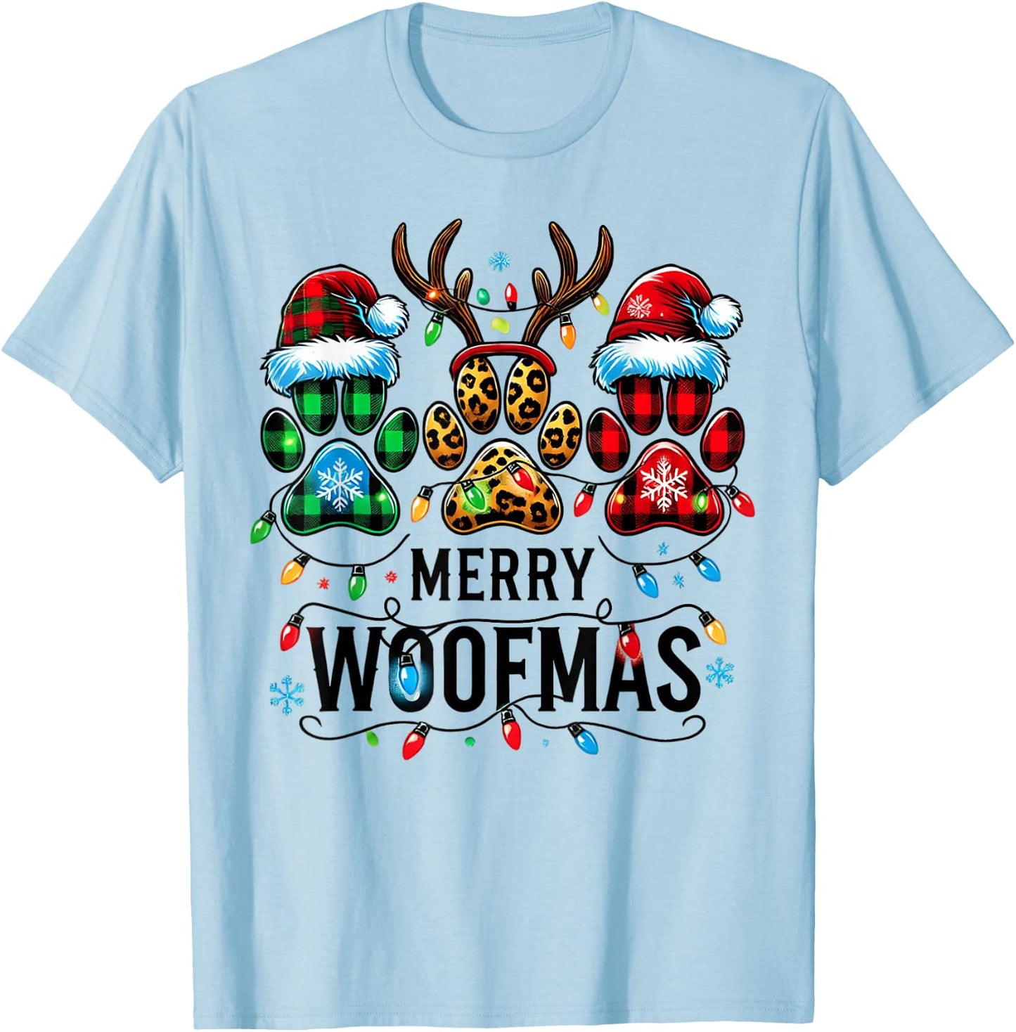 Merry Woofmas Christmas Dog Paws Lights Buffalo Plaid Women T-Shirt - T-Shirt | Light Blue