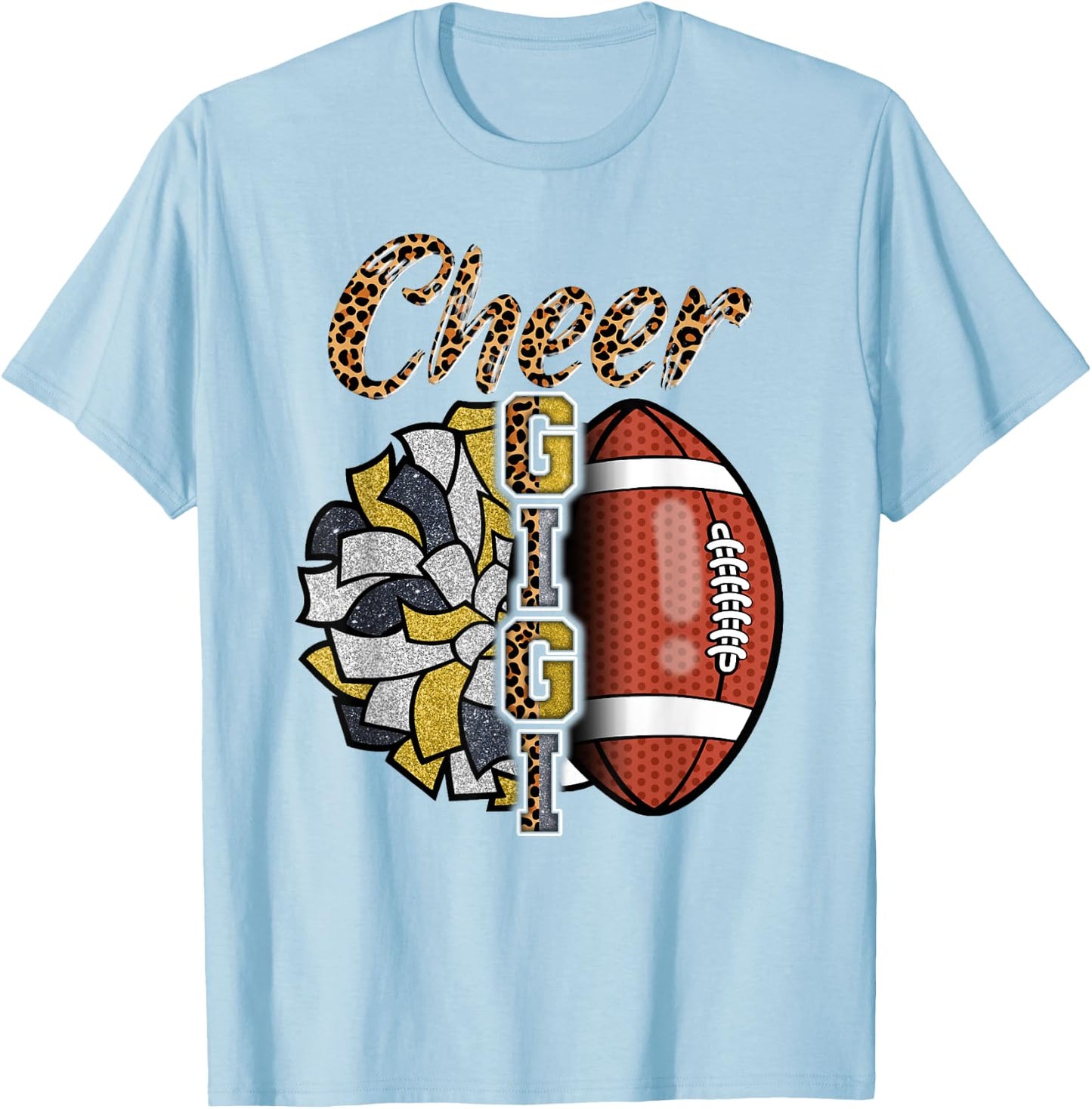 Football Cheer Gigi Grandma Gold Black Pom Pom Leopard T-Shirt - T-Shirt | Light Blue