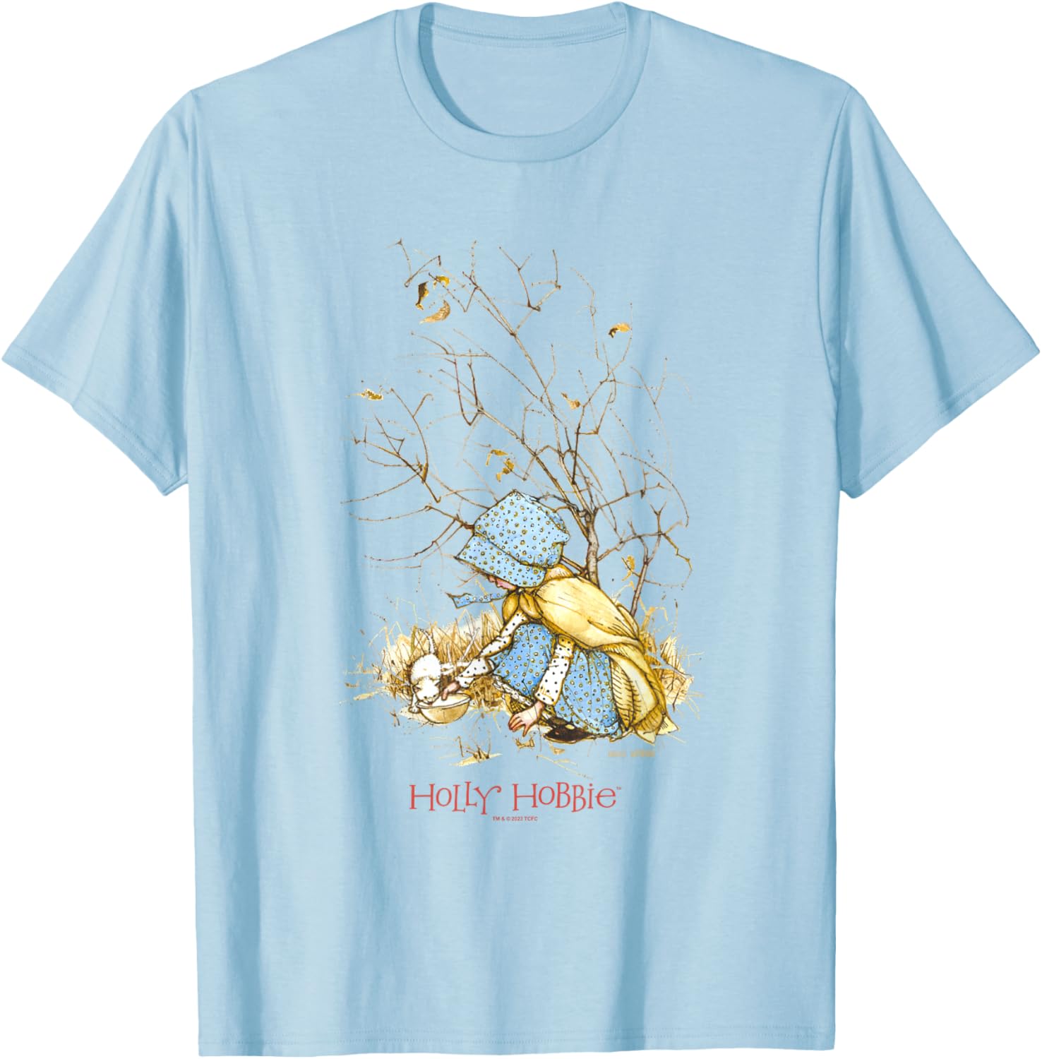 Holly Hobbie Vintage Christmas Kitten Sweet Winter Scene T-Shirt - T-Shirt | Light Blue