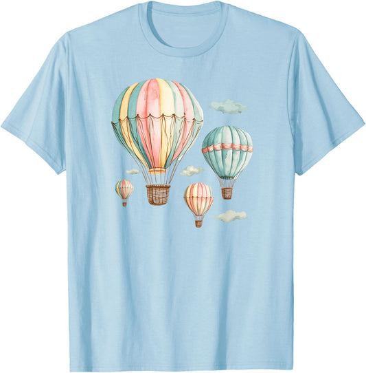 Clouds and Pastel Hot Air Balloons T-Shirt - T-Shirt | Light Blue