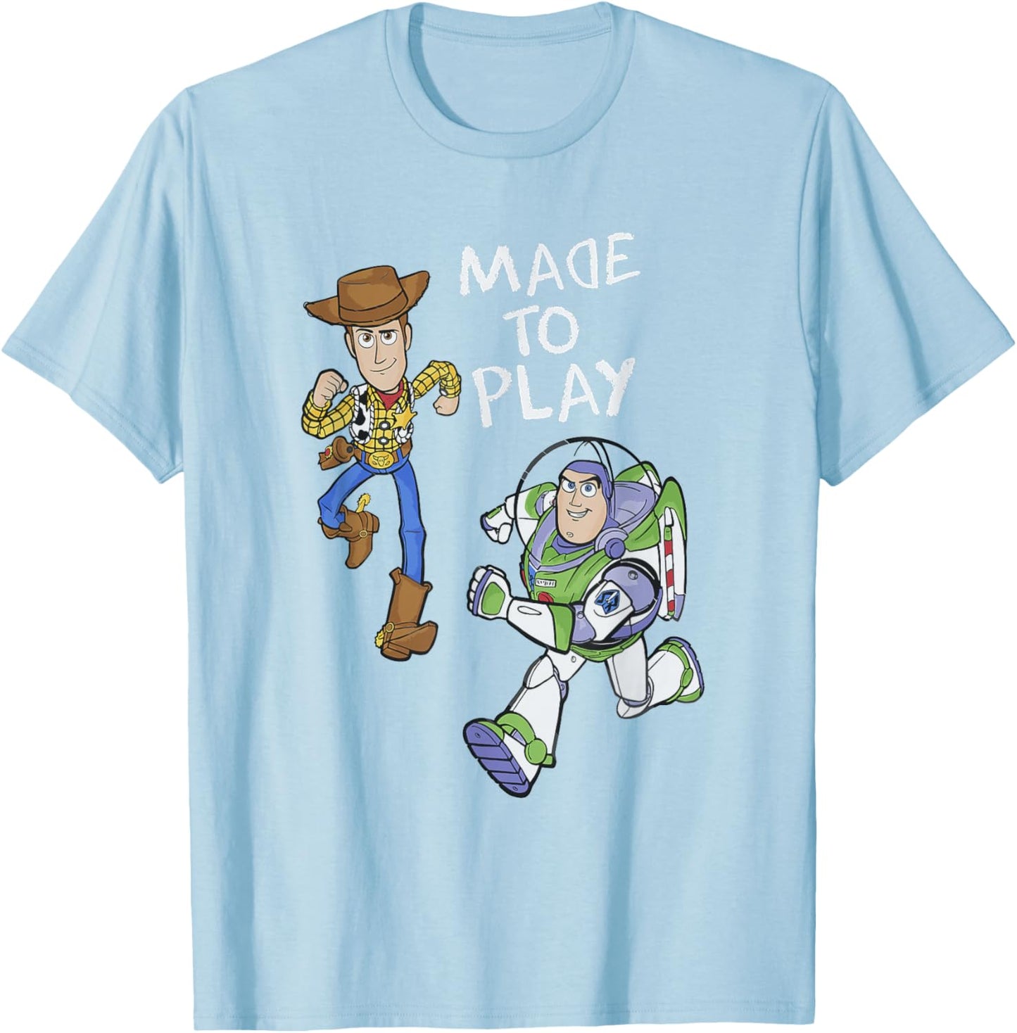 Disney Pixar Toy Story Woody Buzz Made To Play Chest Poster T-Shirt - T-Shirt | Light Blue