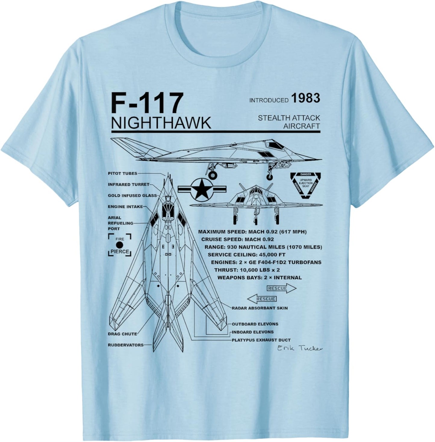 F-117 Nighthawk Stealth Fighter Schematic Infographic T-Shirt - T-Shirt | Light Blue