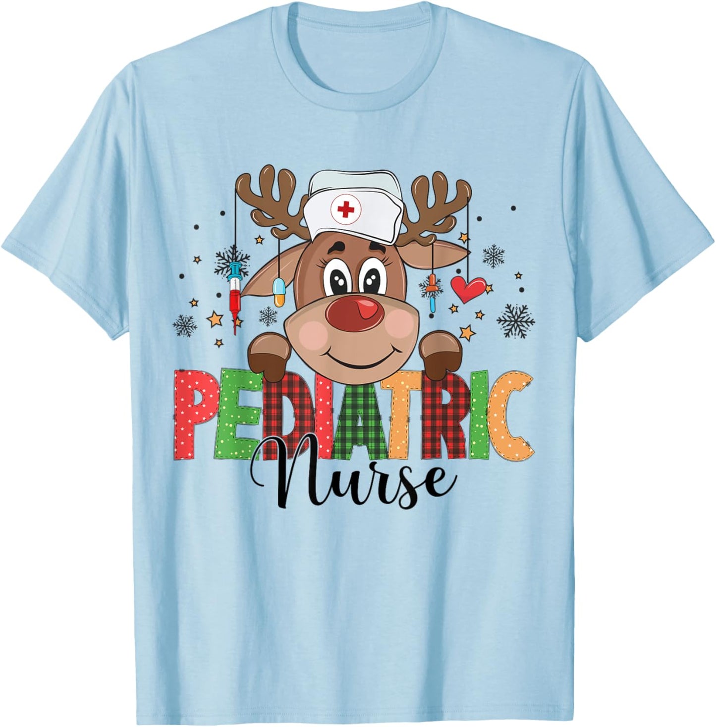 Christmas Pediatric Nurse Reindeer Nursing Xmas T-Shirt - T-Shirt | Light Blue
