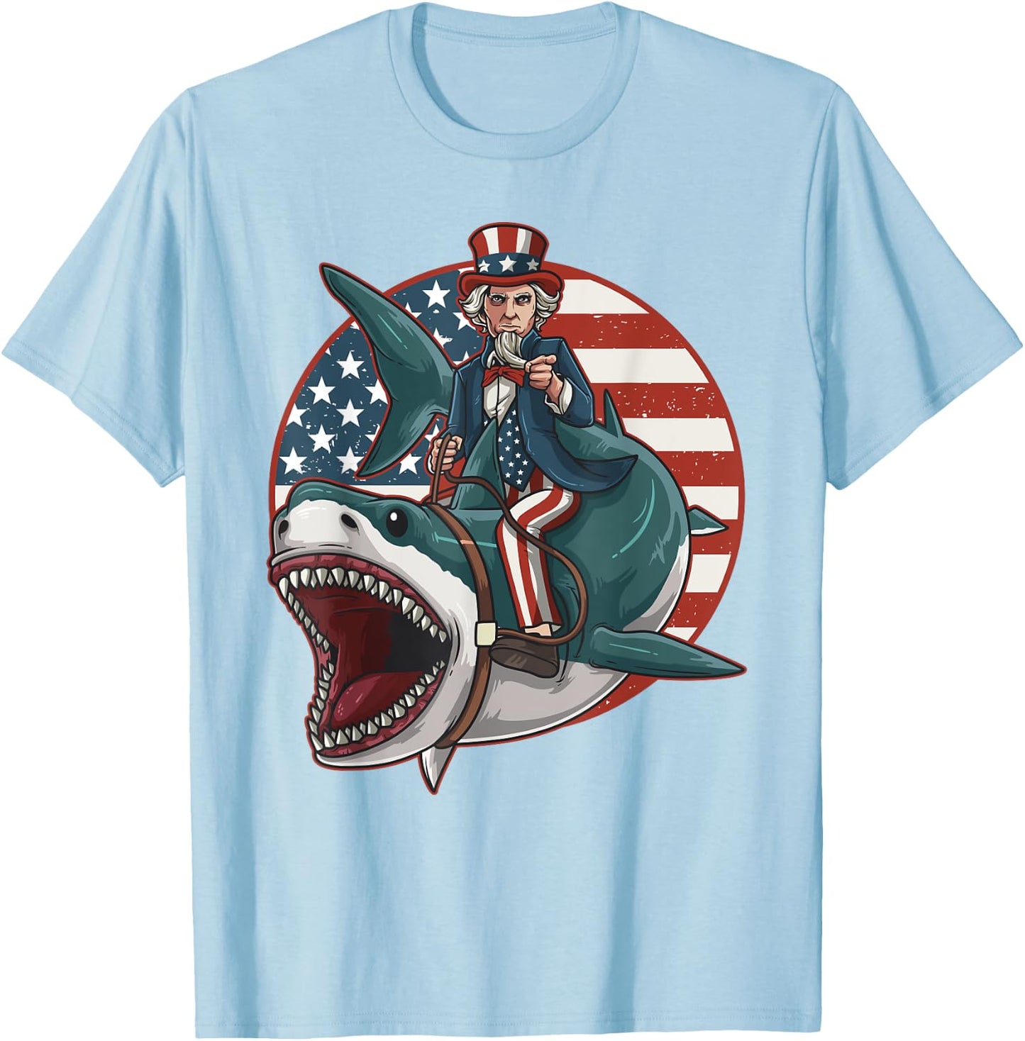 Uncle Sam Riding Great White Shark 4th of July Light T-Shirt - T-Shirt | Light Blue