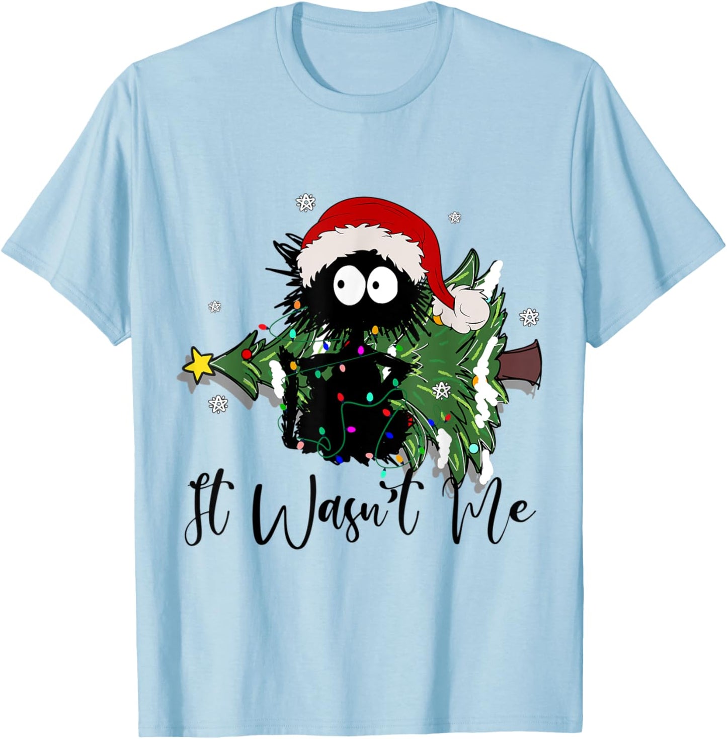 Santa's black cat gets tangled up in Christmas lights T-Shirt - T-Shirt | Light Blue