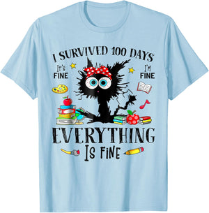 I Survived 100 Days Of School Teacher & Kids Funny Cat T-Shirt - T-Shirt | Light Blue