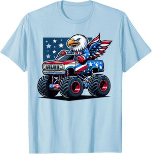 4th of July Shirts Boys Kids American Flag Truck Eagle USA T-Shirt - T-Shirt | Light Blue