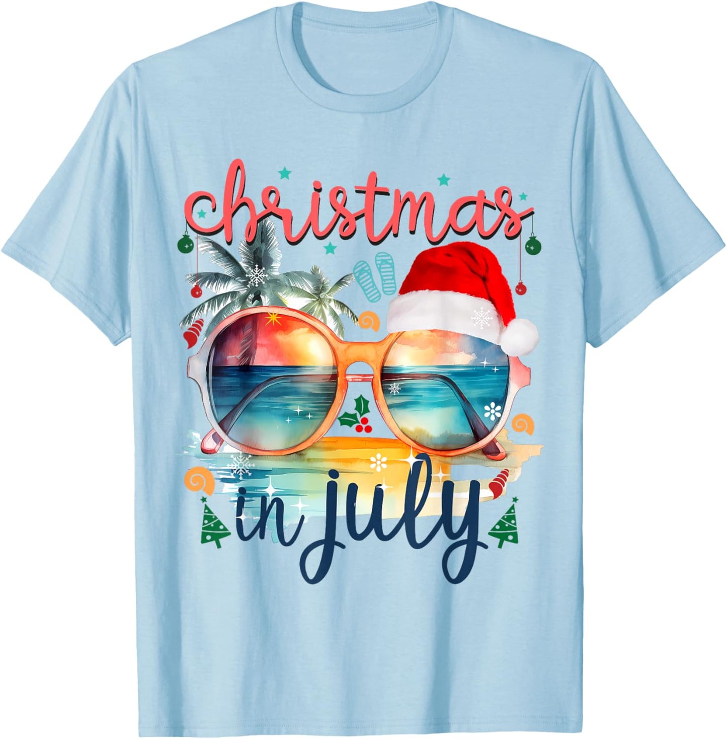 Sunglasses Christmas in July Santa Hat Summer Vacation cute Women Kids T-Shirt - T-Shirt | Light Blue